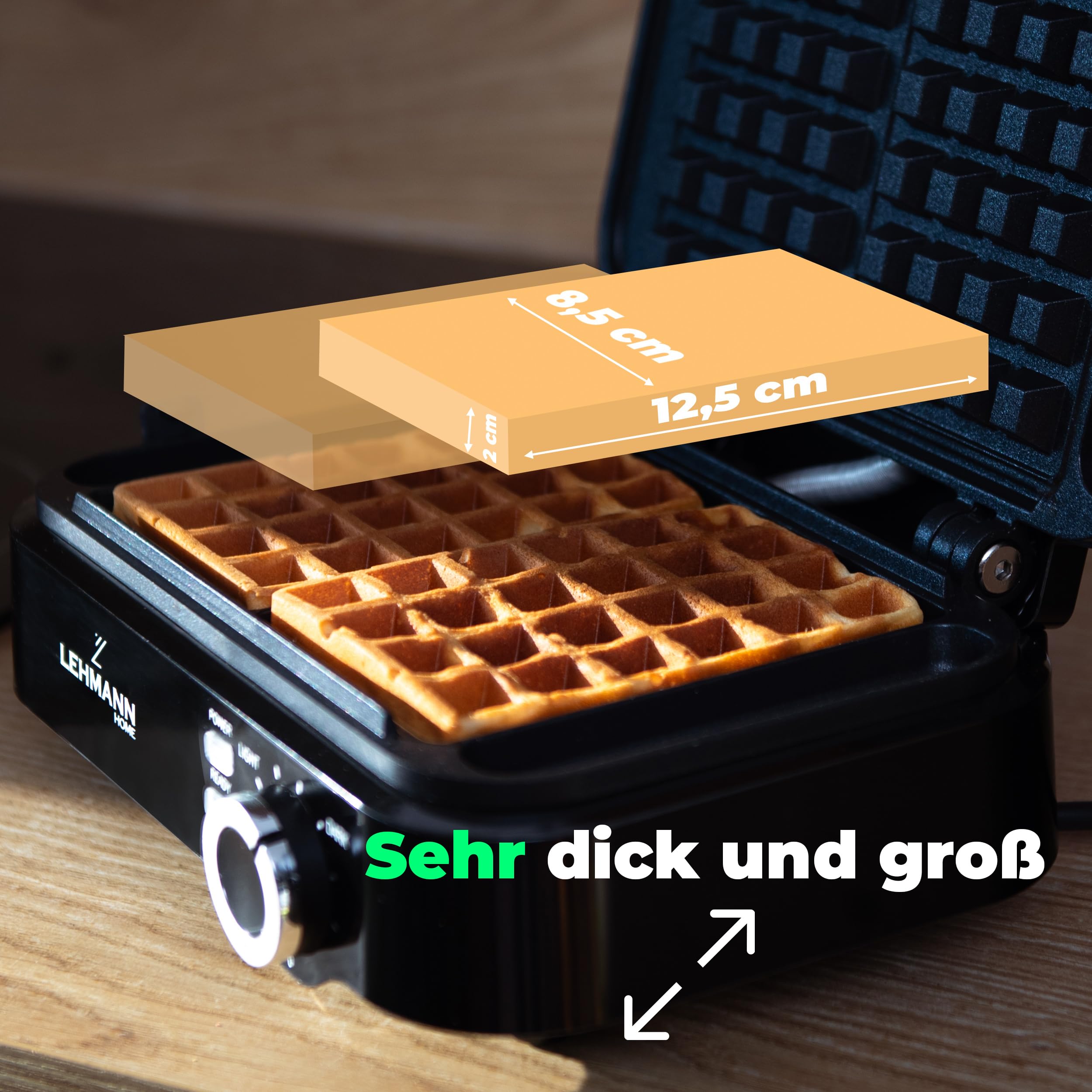 LEHMANN Waffeleisen Doppelt für Belgische Waffeln, 1200W, Fertig in 3 Minuten, Temperaturregelung bis zu 240°C, Antihaftbeschichtung, Schnelle und einfache Reinigung, Dicke Waffeln 12,5 x 8,5 x 2cm