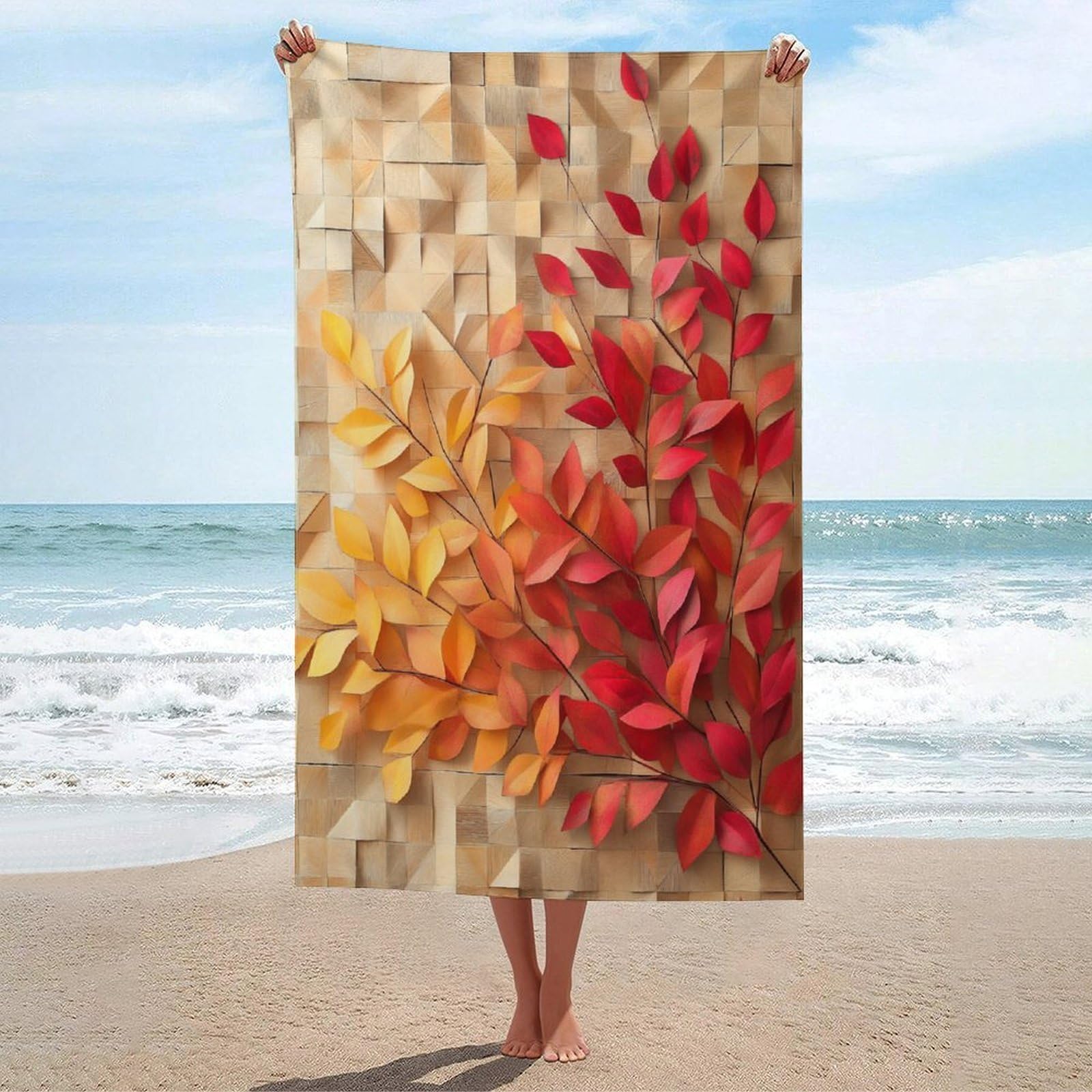LSRCPD Autumn Leaves And Geometric Patterns Beach Towel Sand Free Microfiber Large Shower Towels Multipurpose Absorbent for Bathroom Pool 130x80 CM