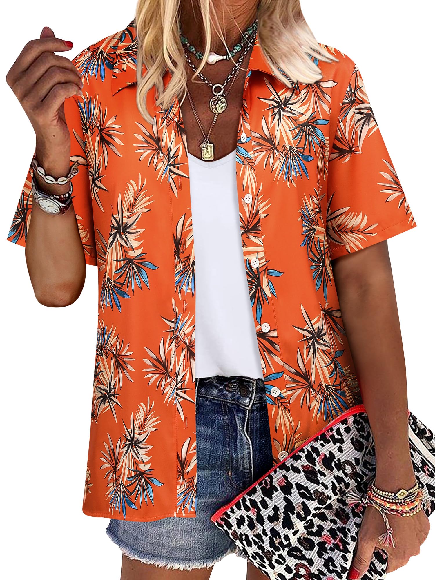 ZXZY Women Summer Hawaii Shirts Soft Cool Floral Tropic Print Short Sleeve Button Up Tops T-Shirt
