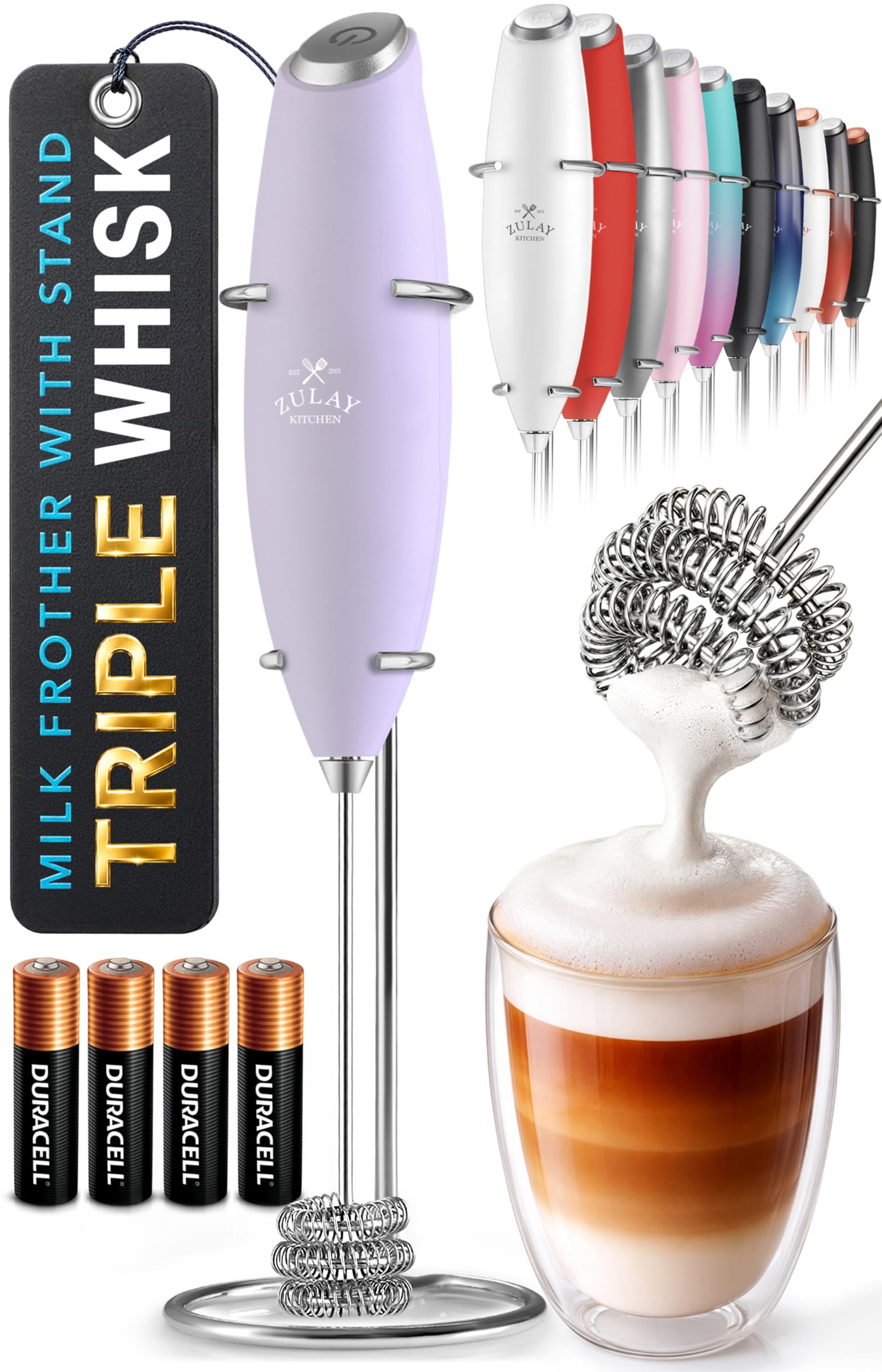 Zulay Kitchen Powerful Milk Frother Wand With Duracell Batteries - Ultra Fast Handheld Drink Mixer - Electric Whisk Foam Maker for Coffee, Lattes, Cappuccino & Matcha - Triple Whisk - Orchid Lilac Orchid Lilac Triple Whisk + Batteries