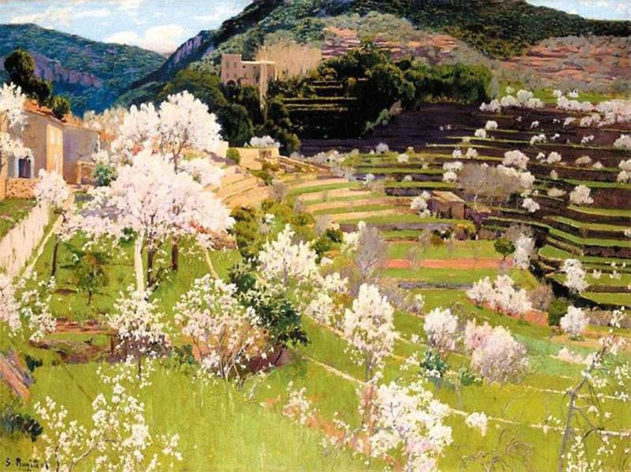Posteriik No Frame Vintage Print Pop Art Landscape Artwork Terraced Garden In Mallorca By Famous Artist Art Prints For Office Home Decor 60X90cm