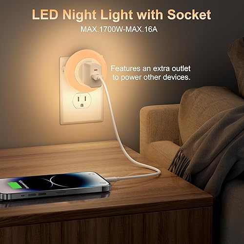 Miniatura 2 de YiaMia Luces nocturnas que se enchufan a la pared, luz nocturna con sensor de atardecer a amanecer con toma, luz cálida regulable  5-25 lúmenes,