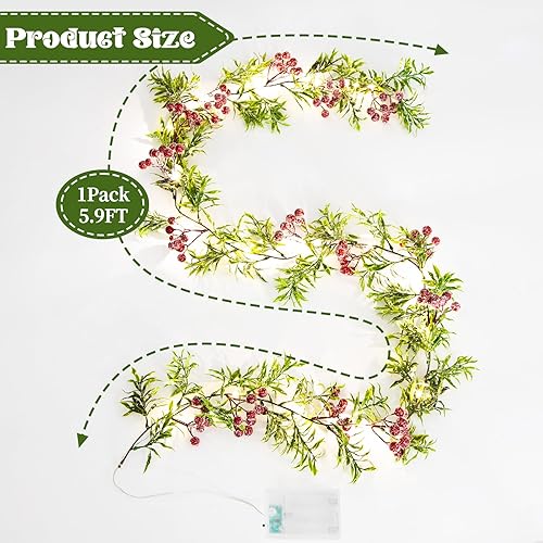 Miniatura 2 de Guirnalda de Navidad con luces, guirnalda de Navidad de 5.9 pies con bayas rojas, hojas de acebo verdes, guirnalda preiluminada para decoración de