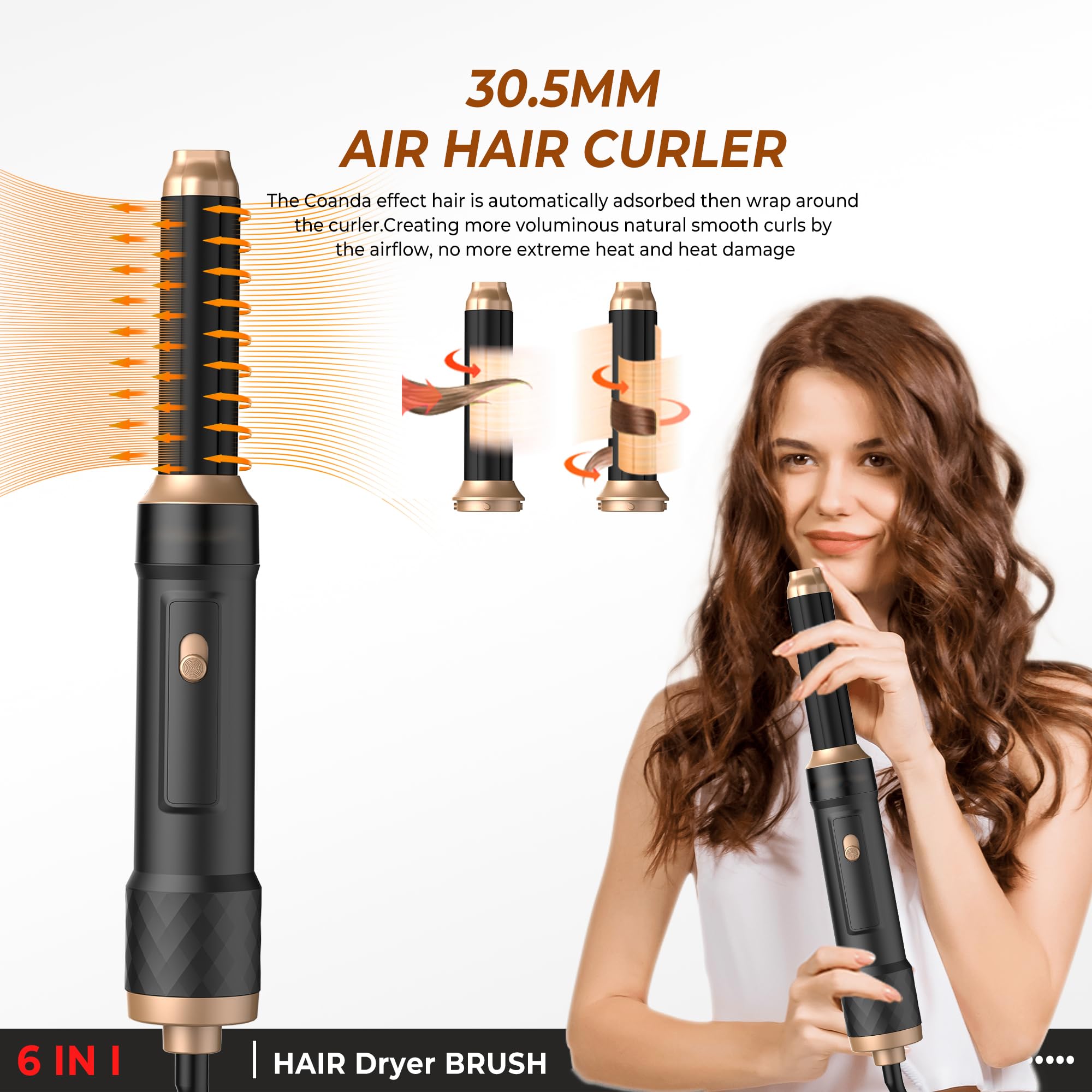 Hairstyler 6 w 1 Air Styler, 1000 W, okrągła suszarka do włosów, do stylizacji i suszenia z lokówką powietrzną, okrągłą suszarką do włosów, szczotką do suszarki, szczotką z ciepłym powietrzem