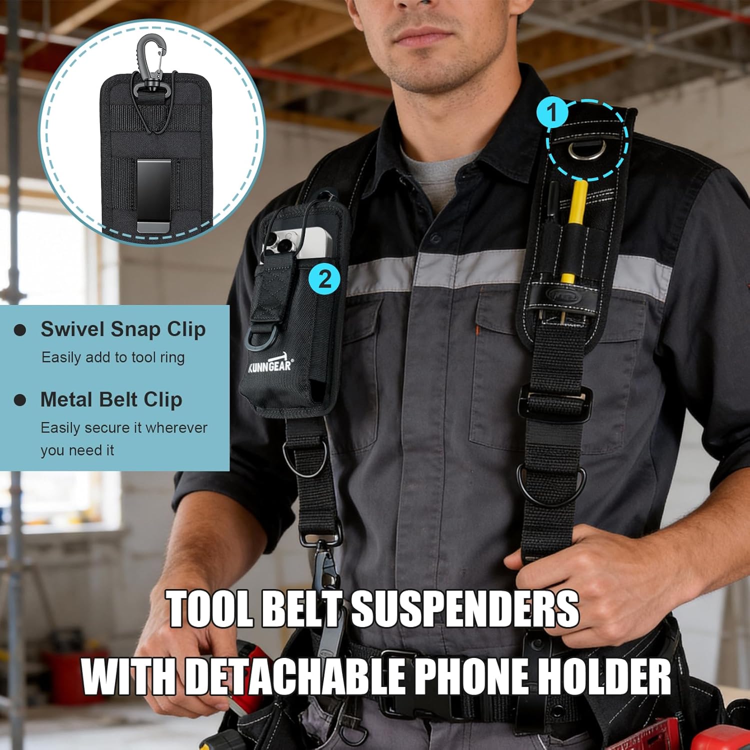KUNN Tool Belt Suspenders with Leather Reinforced, Heavy-Duty Padded Adjustable Construction Bag Suspenders with Air Channel for Men Carpenter Electrician Work