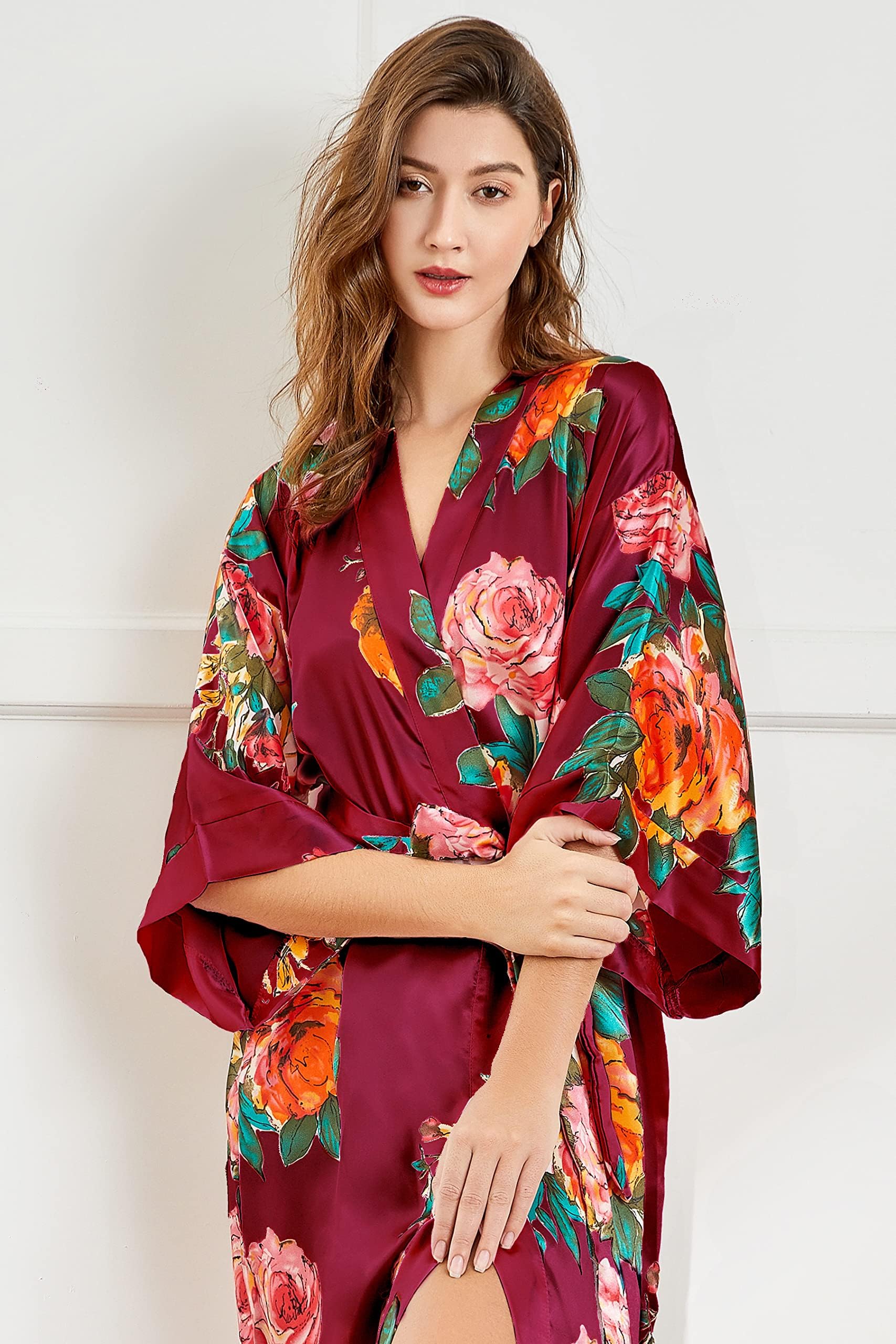 BABEYOND, Kimono da donna, in raso, kimono, cardigan lungo stampato in stile cinese giapponese, per abbigliamento da notte, per feste, matrimoni, pigiama party, 135 cm