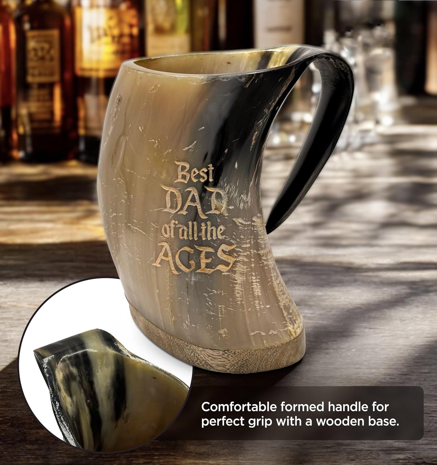 Viking Horn Mug Gift for Dad, Genuine Ox Horn Beer Drinking Cup with Handle - Engraved: Best DAD of all the AGES (16-18oz)