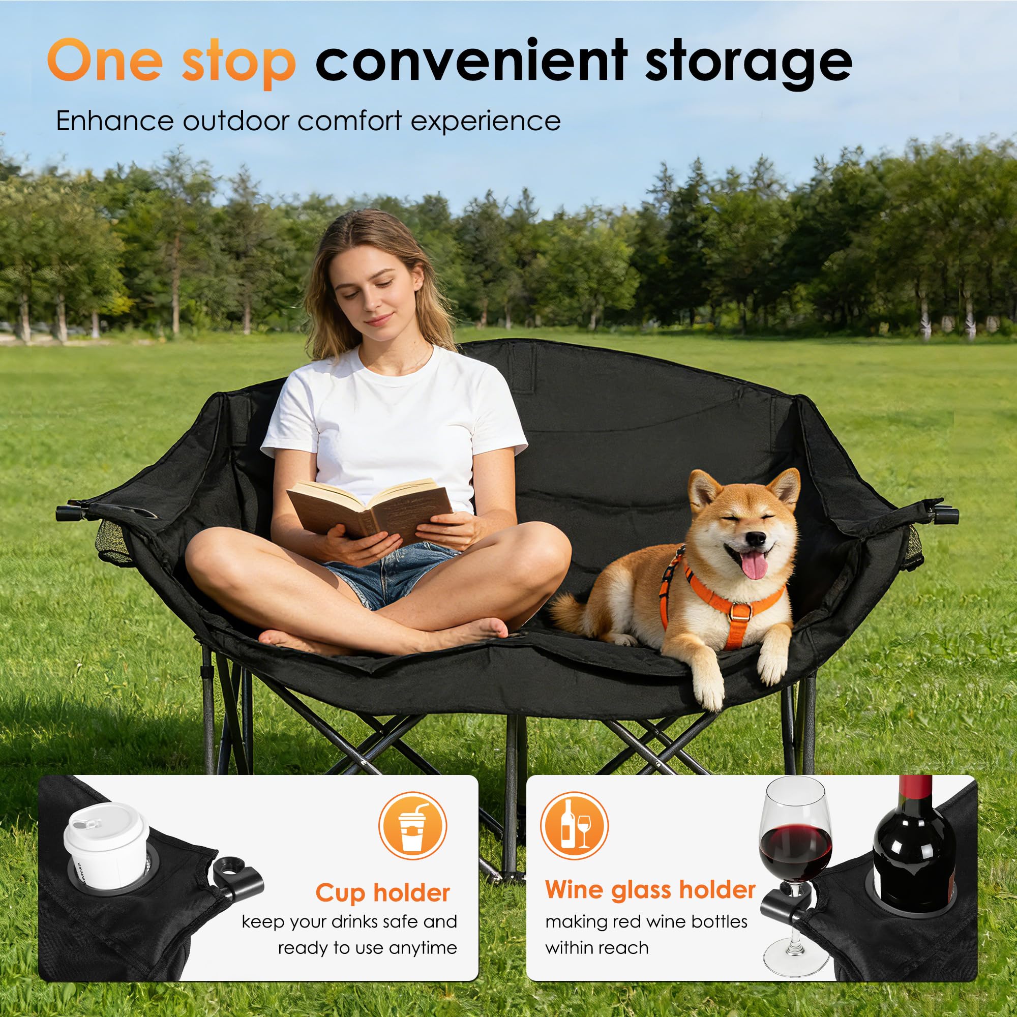 SogesPower Doppelter Campingklappstuhl mit 2 Getränkehaltern & Weinglas Halter – Gepolsterter 2-Sitzer (50x140x93 cm) – Stahlgestell 300 kg Tragfähigkeit – Für Strand, Picknick, Garten, Konzerte
