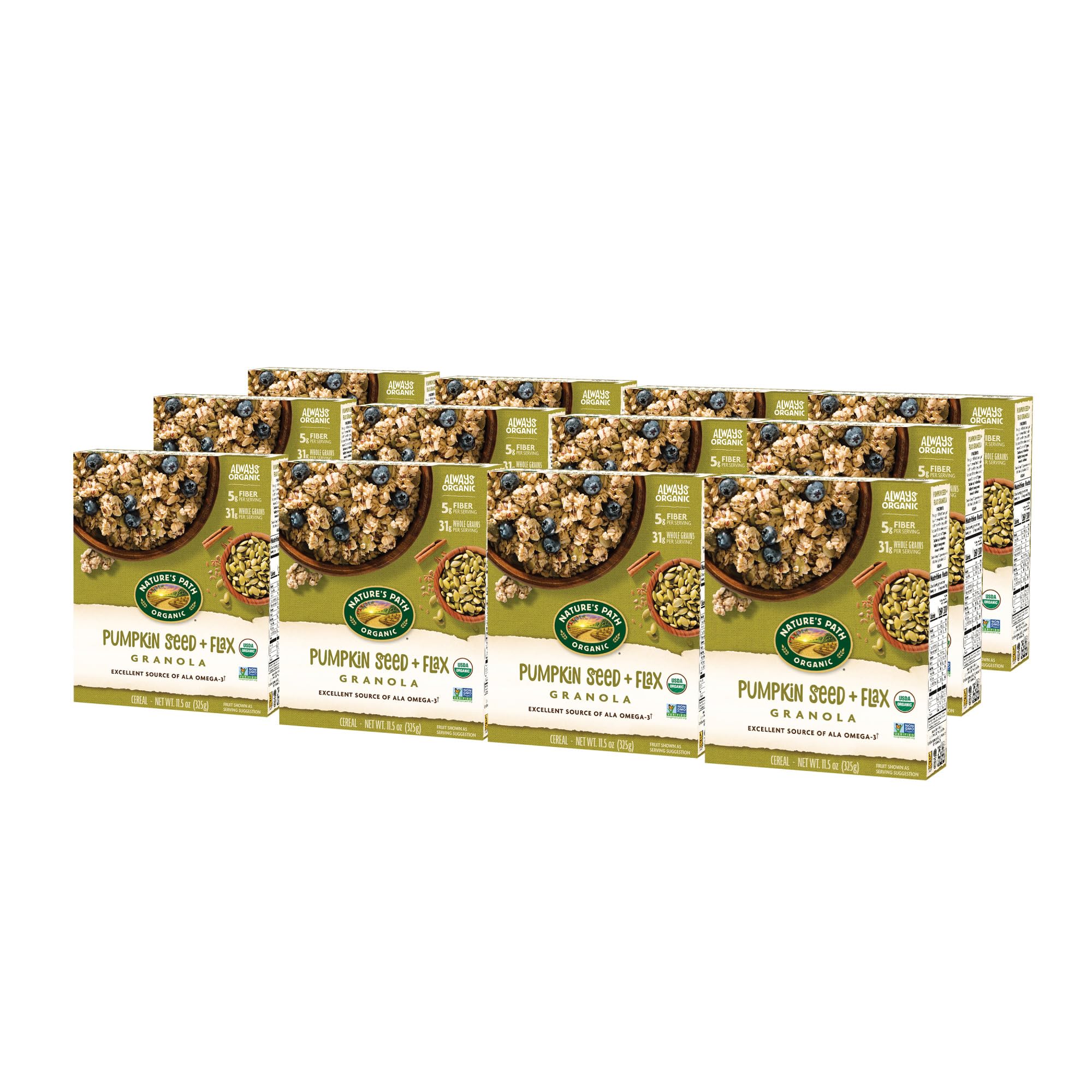 Nature's Path Organic Pumpkin Seed and Flax Granola, 11.5 Ounce (Pack of 12), Non-GMO, Heart Healthy, High Fiber, 6g Plant Based Protein