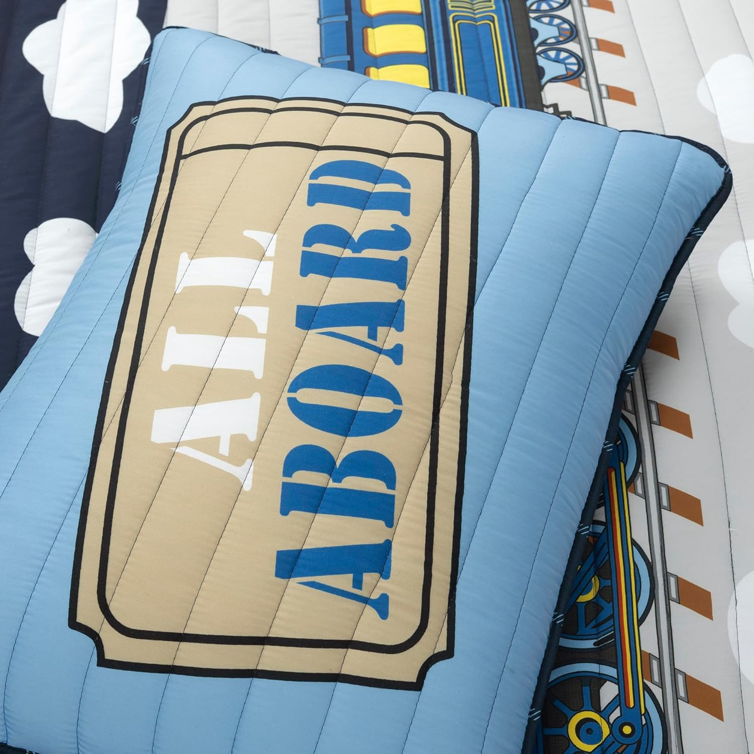 Lush Decor Steam Trains Reversible Quilt Queen Size 3 Piece Set Full/Queen Navy & Multi - Boys Bedding Set - Retro Train Bedding - Vintage Train Decor