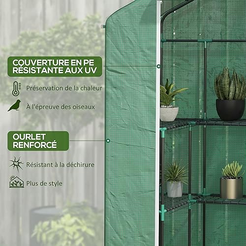 Outsunny PE Garden Greenhouse with Shelves 3 Levels, Balcony Greenhouse, Reinforced Tarpaulin 135 g/m², Steel Frame, Roll-Up Zip Door, for Vegetables, Plants Flowers, 140 x 73 x 190 cm, Green - 4