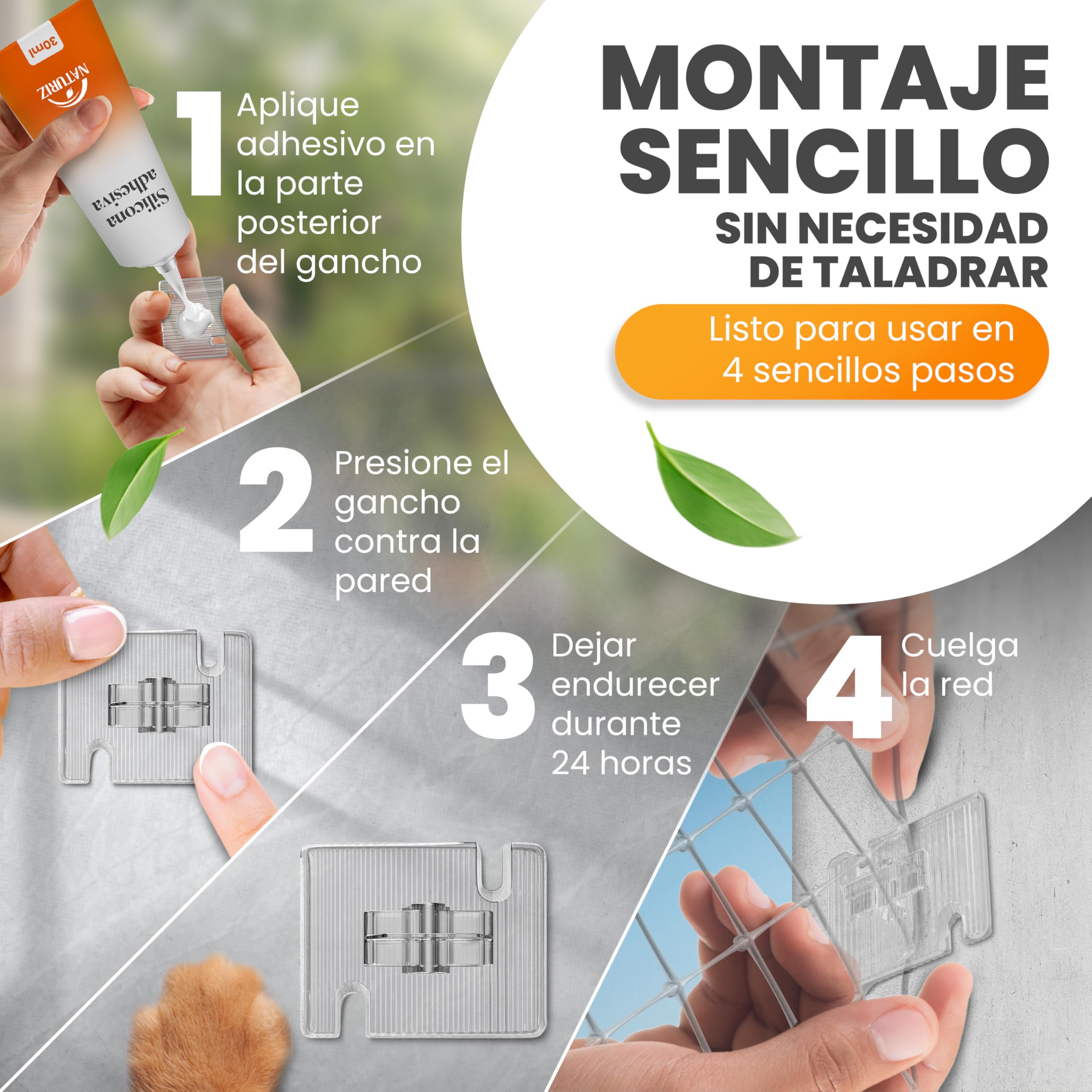 Naturiz Red para gatos para balcón sin taladrar, incluye gancho adhesivo y adhesivo de silicona, red de protección para gatos para balcón y ventana, red para gatos transparente, red para palomas, red
