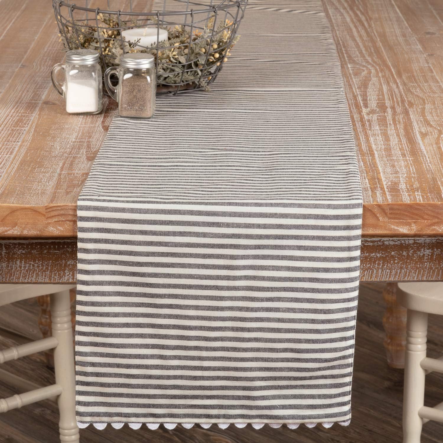 Piper Classics Farmhouse Ticking Gray Table Top 72" Runner Grey