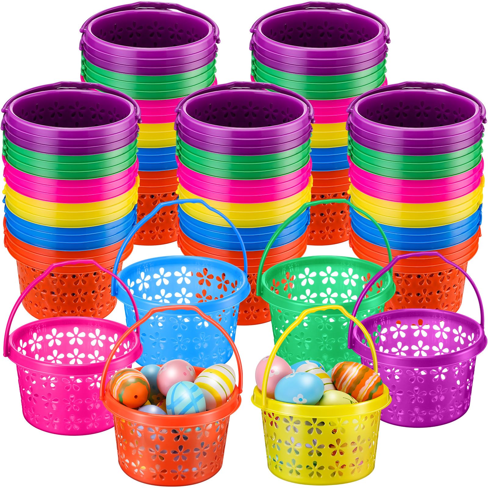 Ziliny 100 Pcs Plastic Easter Baskets Bulk Mini Colorful Easter Baskets with Handles Empty Kids Baskets Ideal for Easter Egg Hunts Party Favor for Kids Baby Toddler