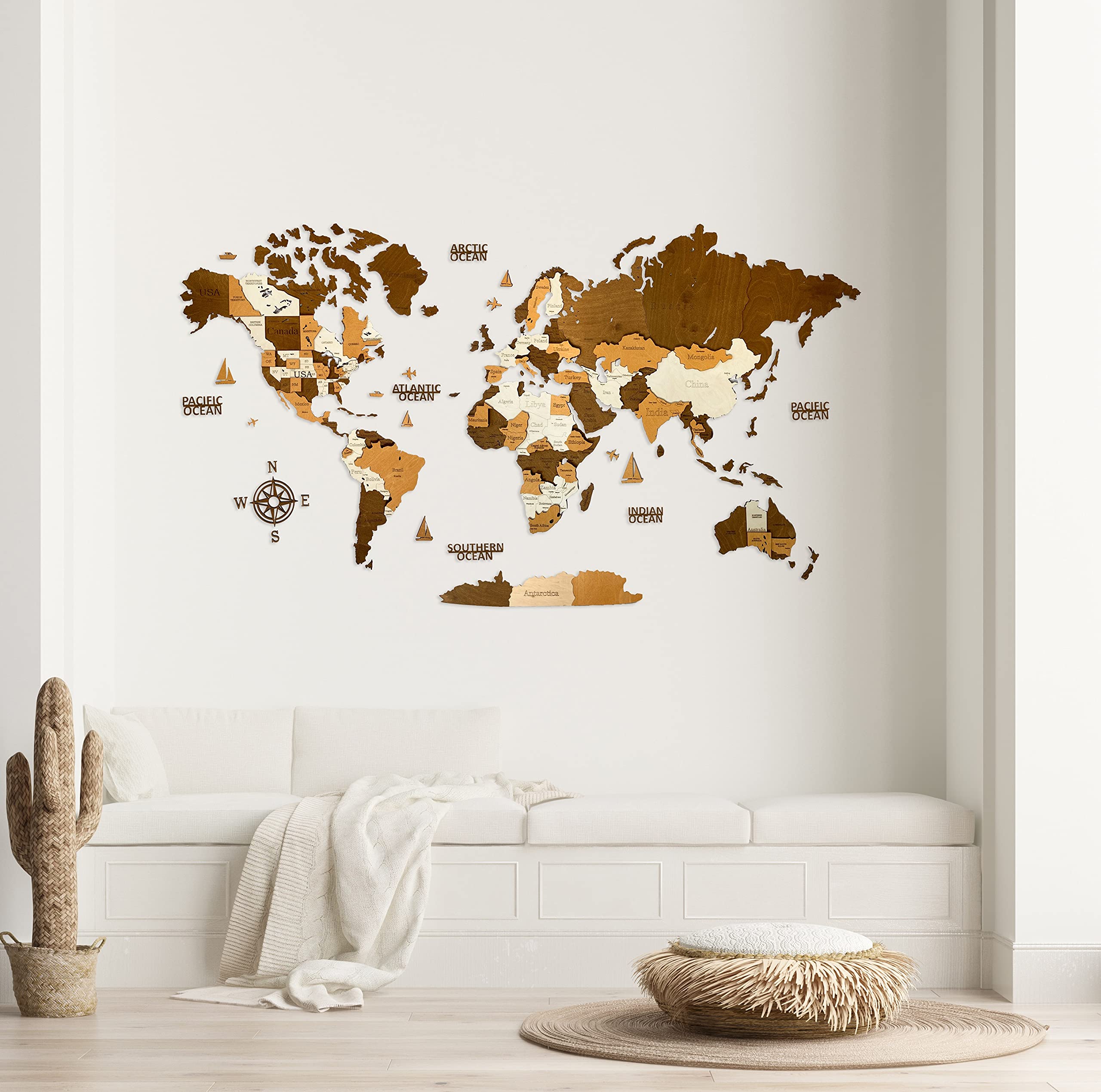 Woodvio Mapa Mundial de Madera 3D, Arte Decorativo para Pared para Decoración de Hogar y Oficina - tamaño Grande (160x85cm)