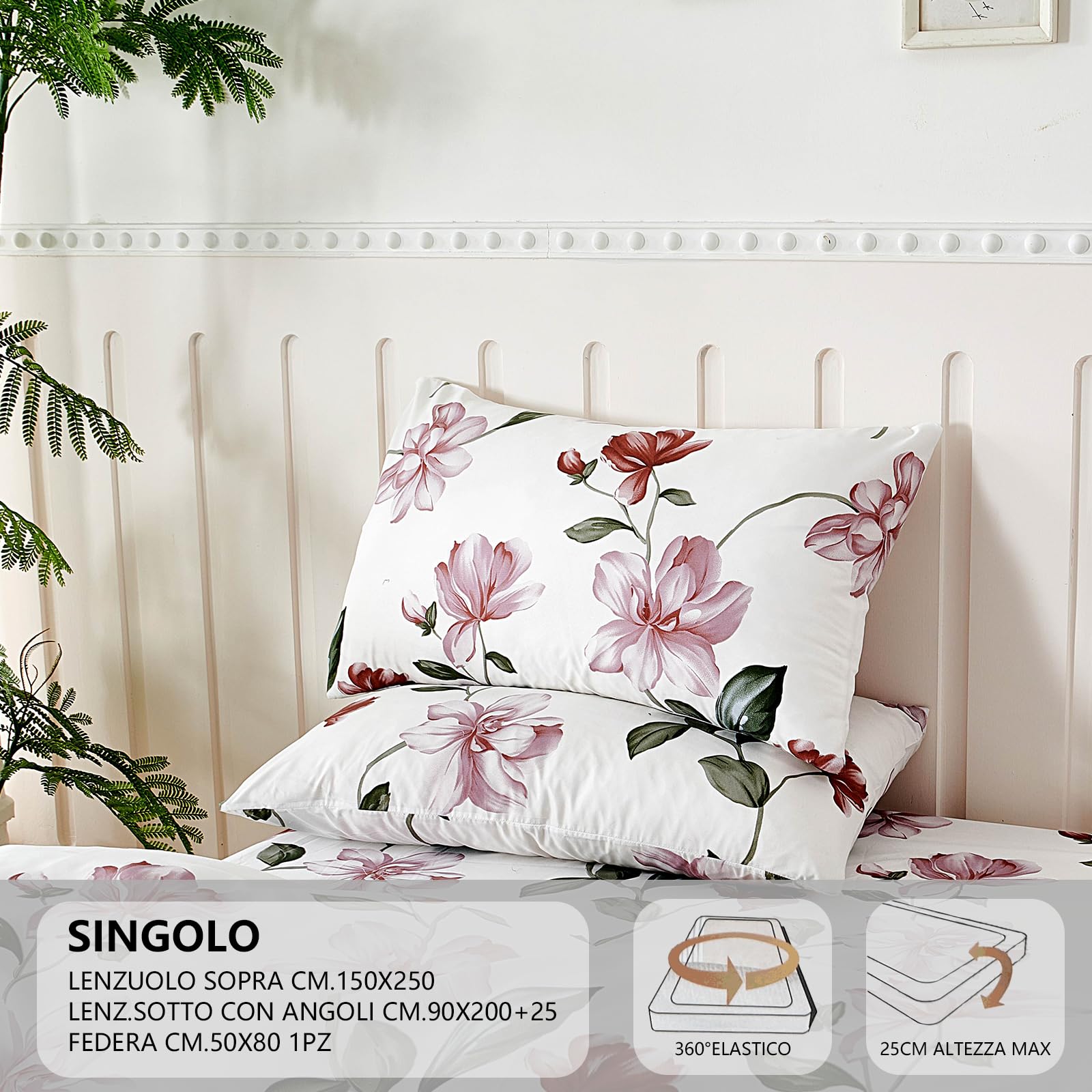 Set Lenzuola Singolo in Microfibre 90x190/200cm, Completo Lenzuola Letto con 1 Federe 50x80 in Stampa, Lenzuola Sopra e Lenzuolo con Angoli, Comfort e Morbidezza, Fiori