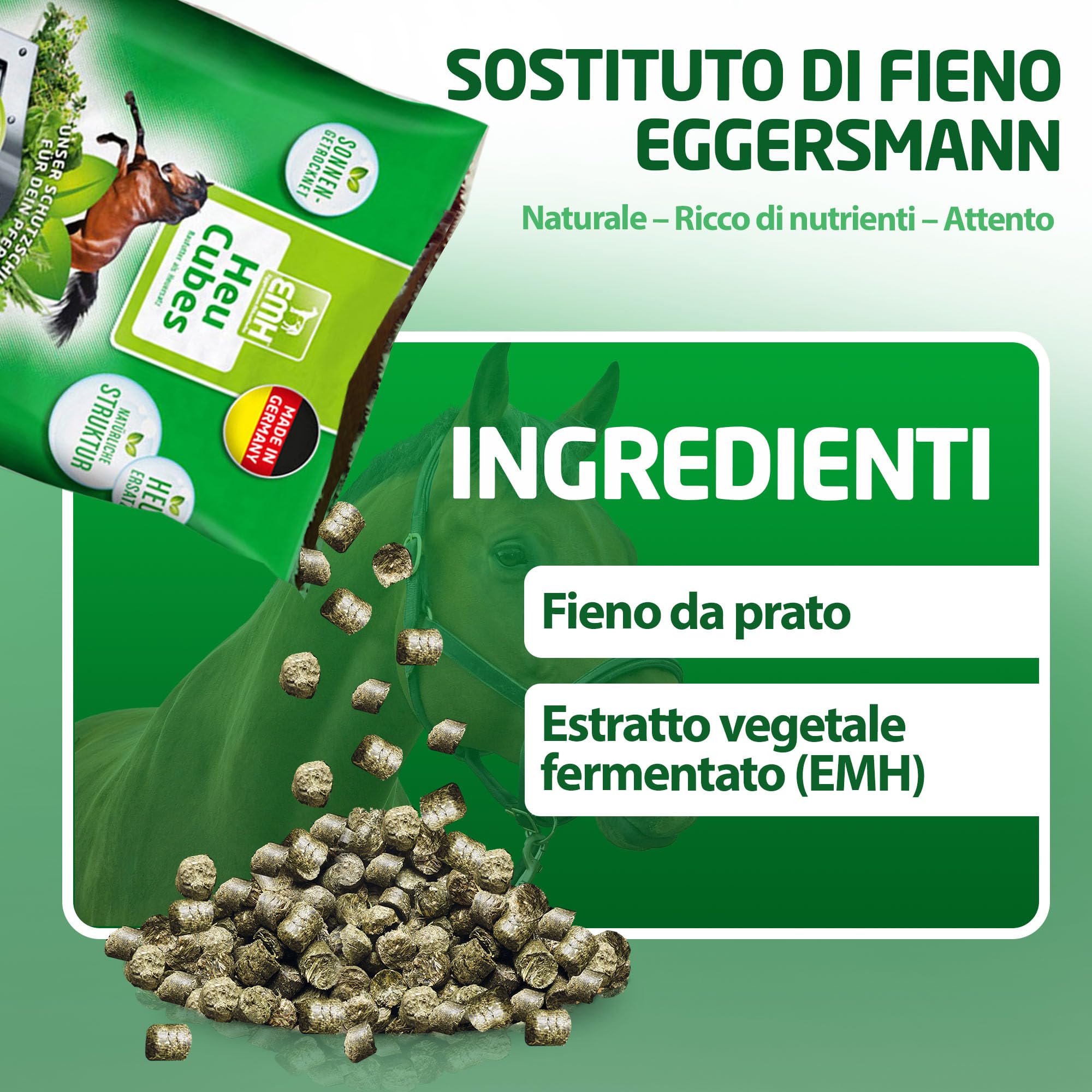 Eggersmann Mein Pferdefutter EMH - Fieno cubes da 20 kg – Mangime grezzo in fieno essiccato al sole ideale come ricambio completo per cavalli e pony, ideale per problemi dentali, produzione tedesca