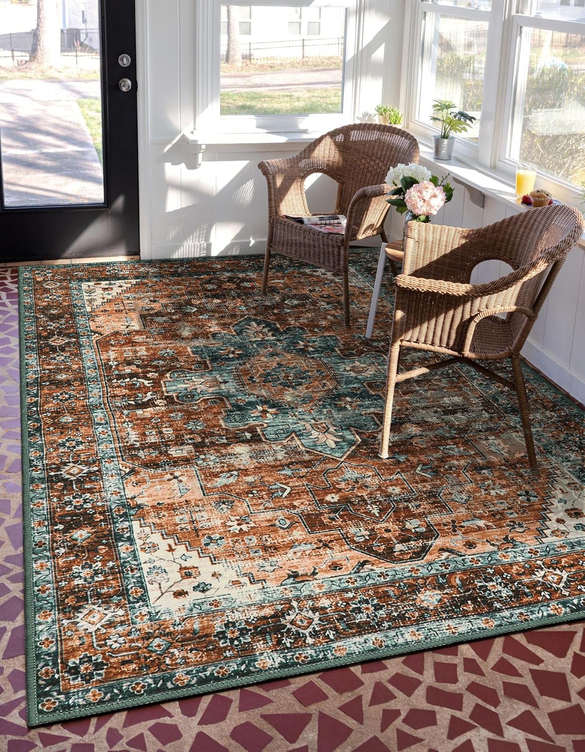 Tapis de zone rectangular facile à nettoyer 140x160 cm marron et beige