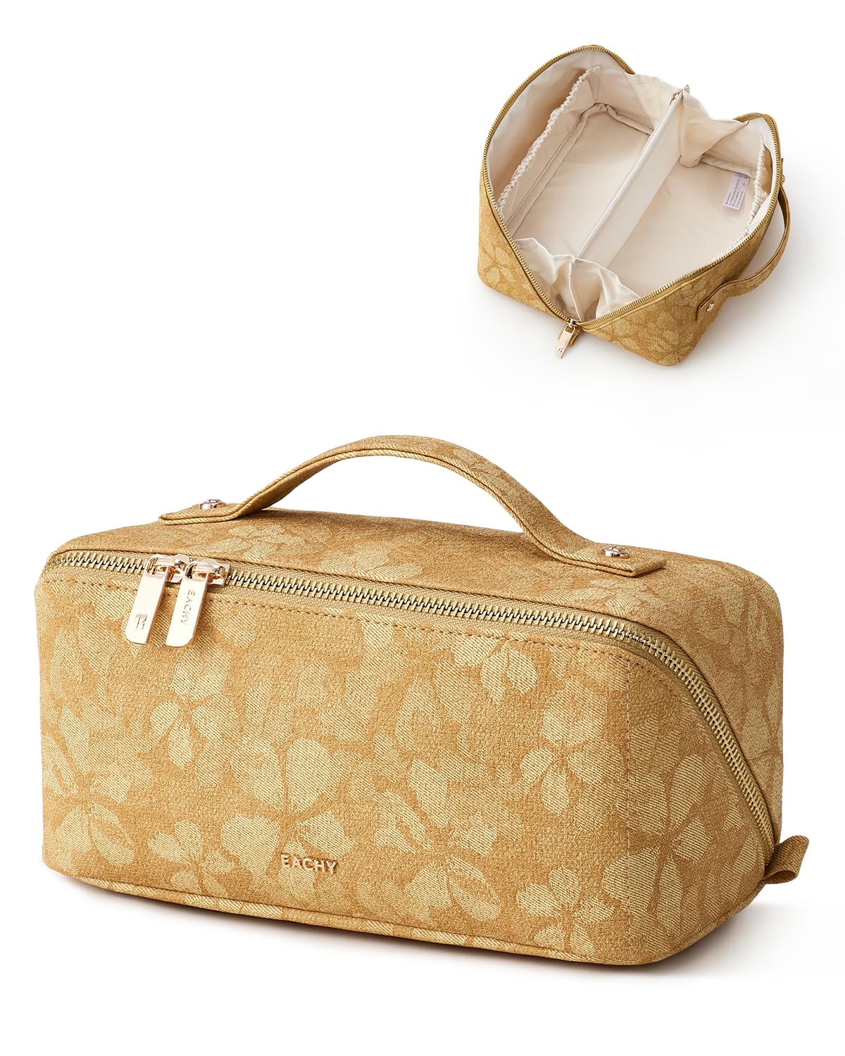 EACHY Makeup Bag, Waterproof PU Leather Travel Toiletry Bag for Women, 180° Wide-Open Flat Cosmetic Bag, Large Capacity Makeup Pouch with Divider and Handle