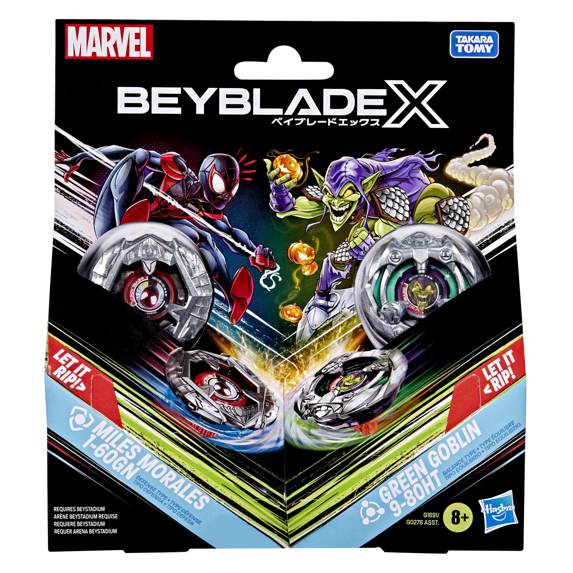 Colaboración Beyblade X y Marvel, Miles Morales 1-60GN vs. Green Goblin 9-80HT