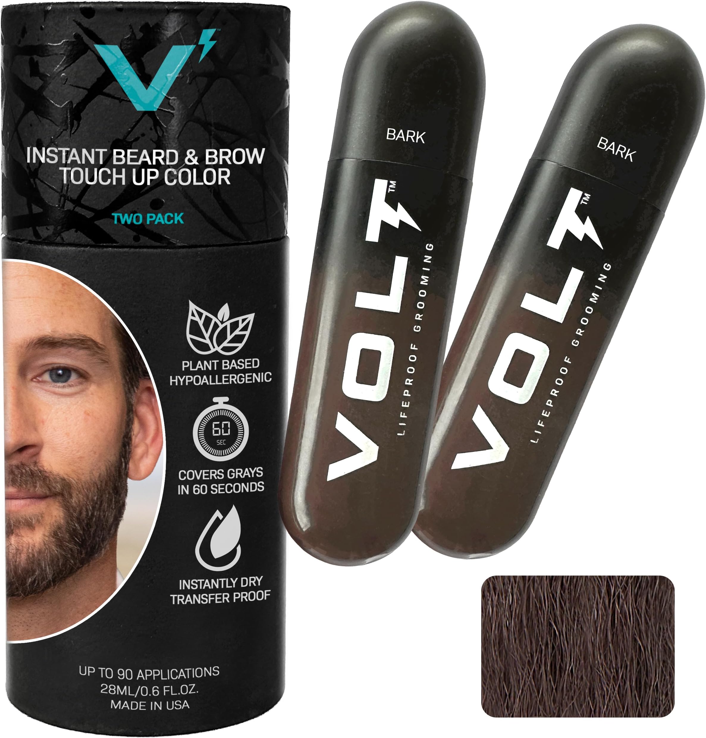 VOLT Grooming Temporary Instant Beard Color for Men Quick-Dry Plant-Based Brush On Beard, Hair, Mustache & Brow Color, For Sensitive Skin, Bark Dark Brown, 2-Pack Refill, 90+ Applications