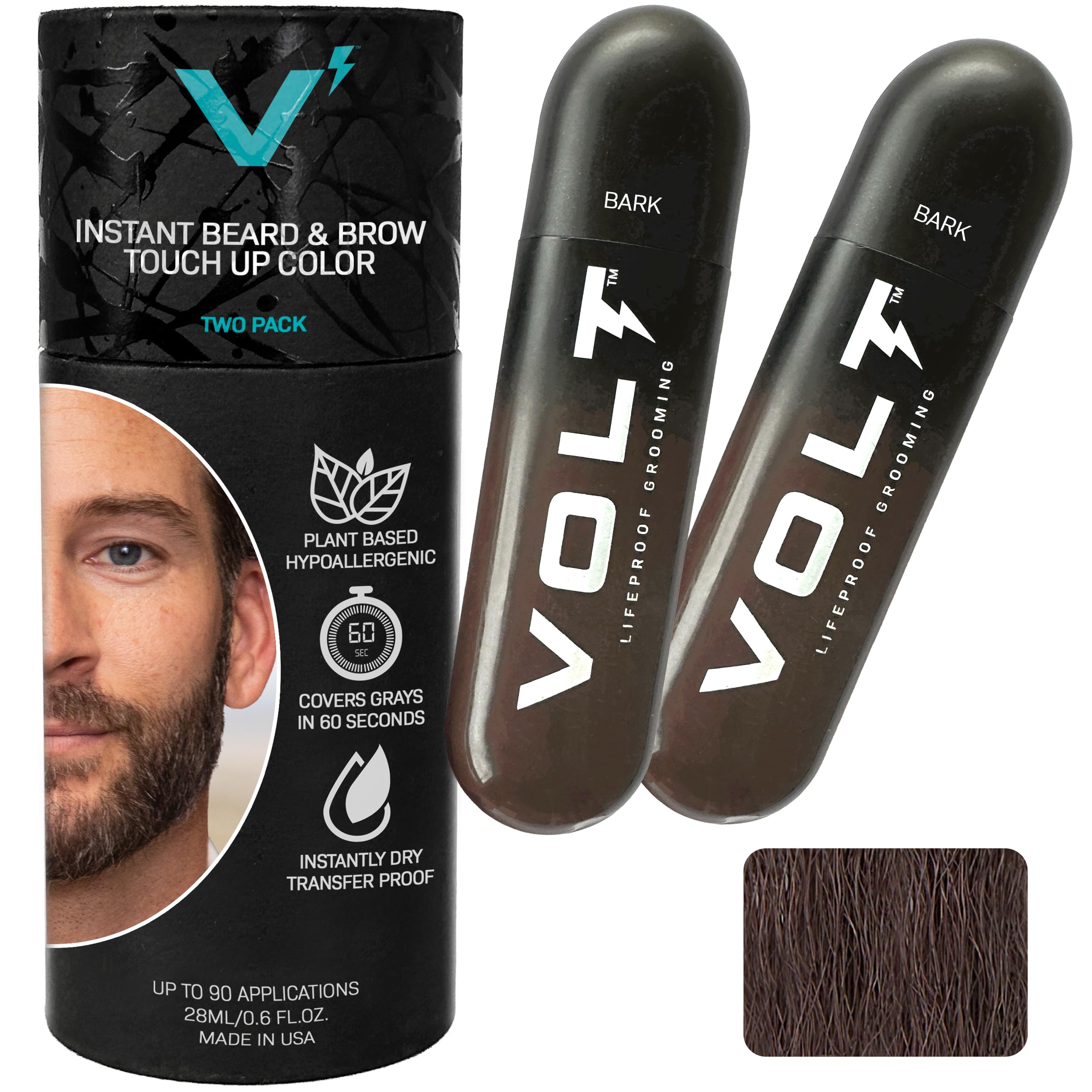 Grooming Temporary Instant Beard Color ECO 2 Pack Refill - Quick Drying Plant Based Hypoallergenic Brush on Color for Beards, Mustaches, and Eyebrows, Bark (Dark Brown)