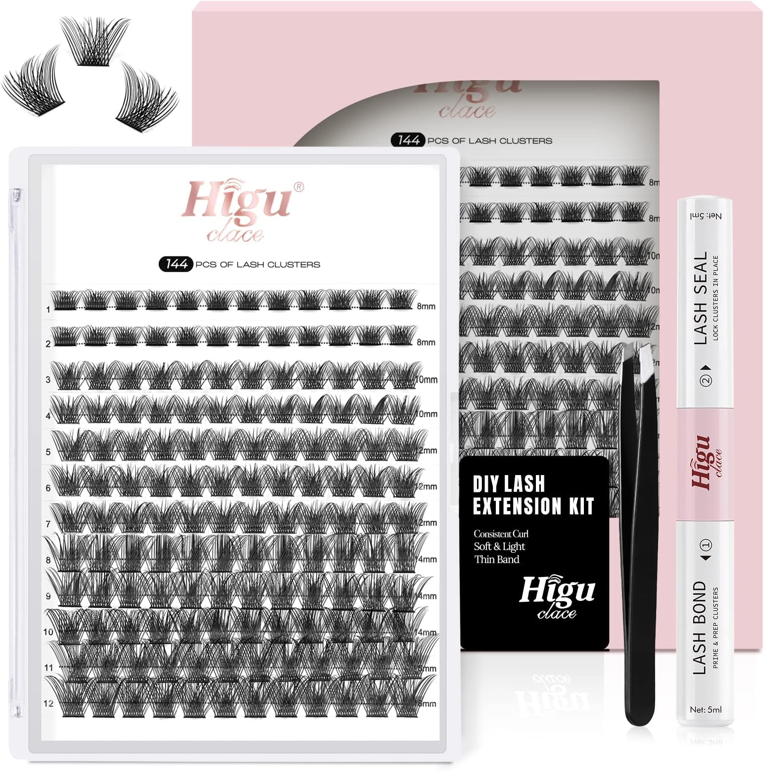 Higu DIY Eyelash Extension Kit, 144 Pcs Lash Clusters Thin Band Cluster Lashes with Super Hold Mascara Brush Bond and Seal Eyelash Glue and Lash Applicator Eyelash Cluster Extensions Set (R-05 Kit)