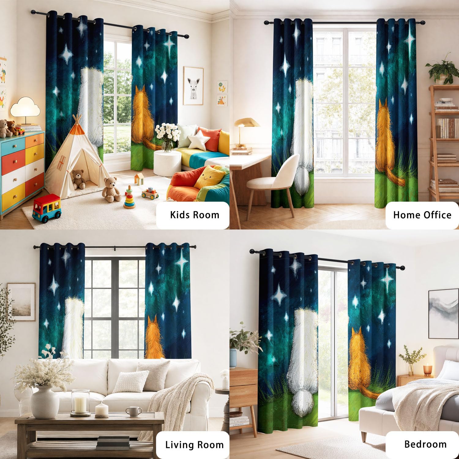 Genérico Cortinas Opacas Oscurecer Ilustración Infantil Cortinas Decor Dormitorio Infantil Animales Perros Lindos Gatos Cielo Estrellado Hierba Romántico Amistad Cortina Térmicas Azul Oscuro 140x245
