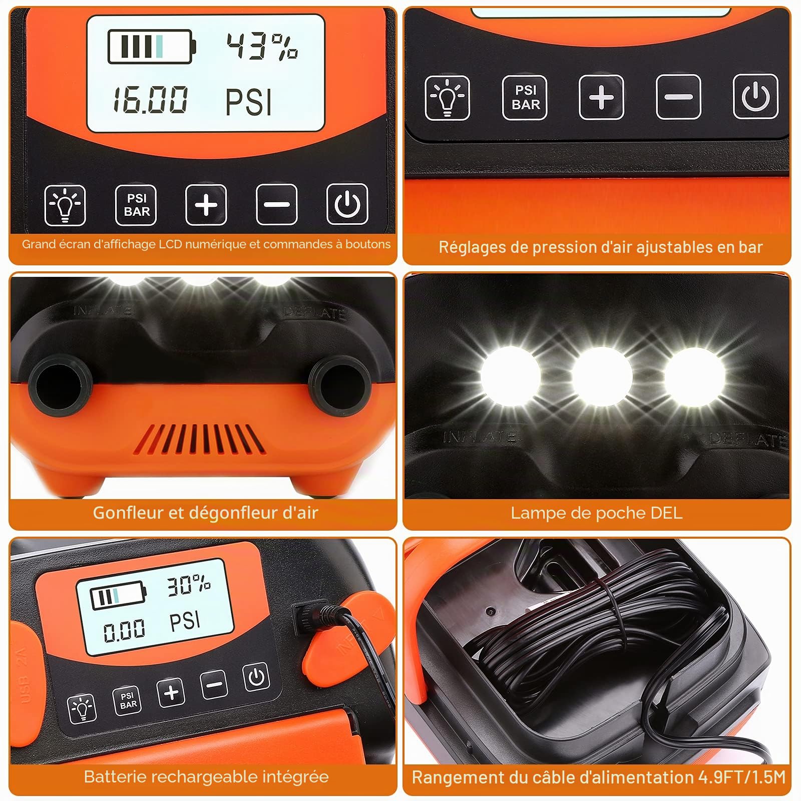 AGPTEK Pompe à air Rechargeable, Pompe à air électrique numérique pour Paddleboard Gonflable 16 PSI 12 V, portative pour Matelas pneumatiques, tentes et Bateaux gonflables