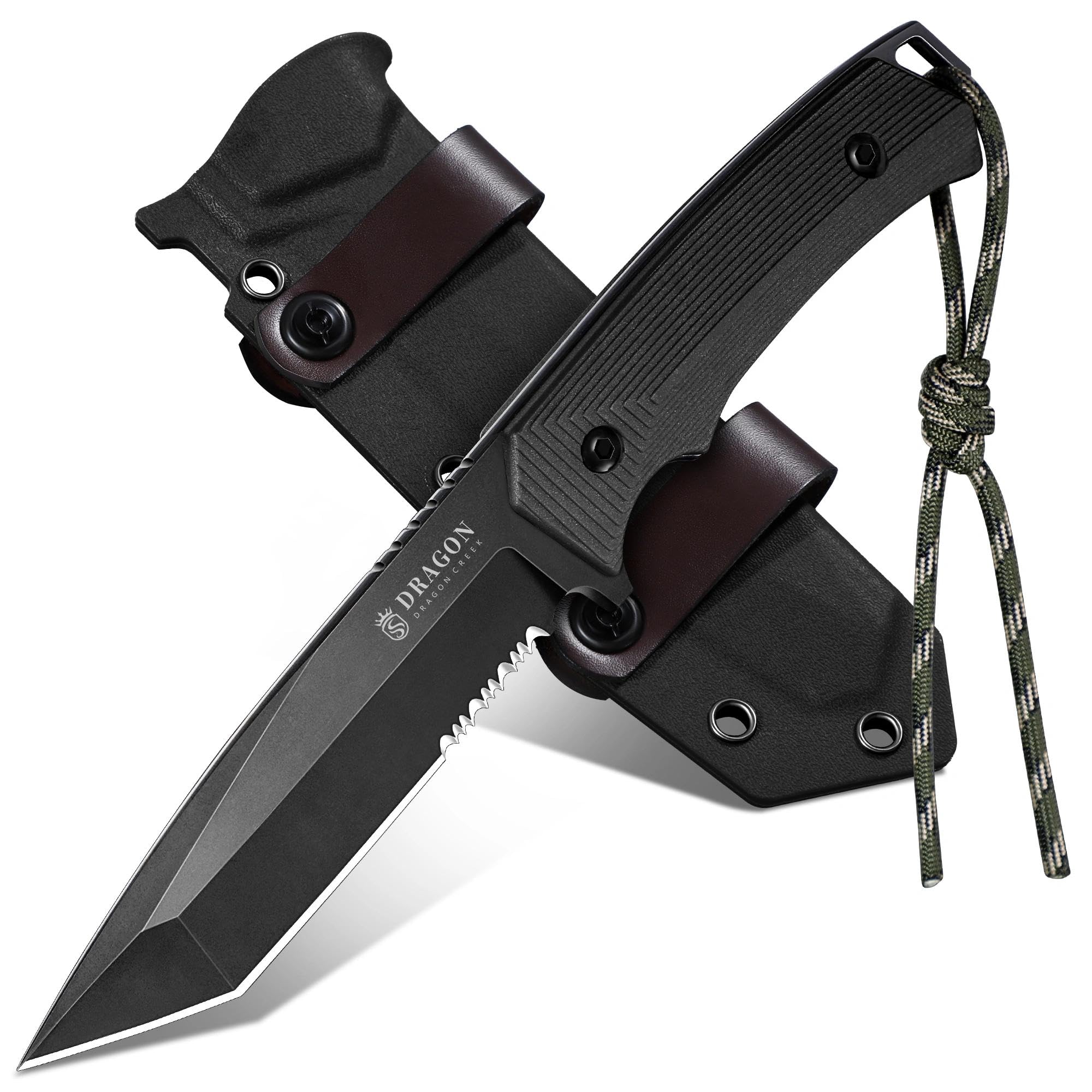 Dragon Creek Outdoor Messer feststehend – Tanto-Klinge mit Teilwellenschliff, mit Kydex-Scheide und Ergonomischer Griff– Bushcraft Survival Einsatzmesser für Camping, Trekking & Abenteuer(Schwarz)