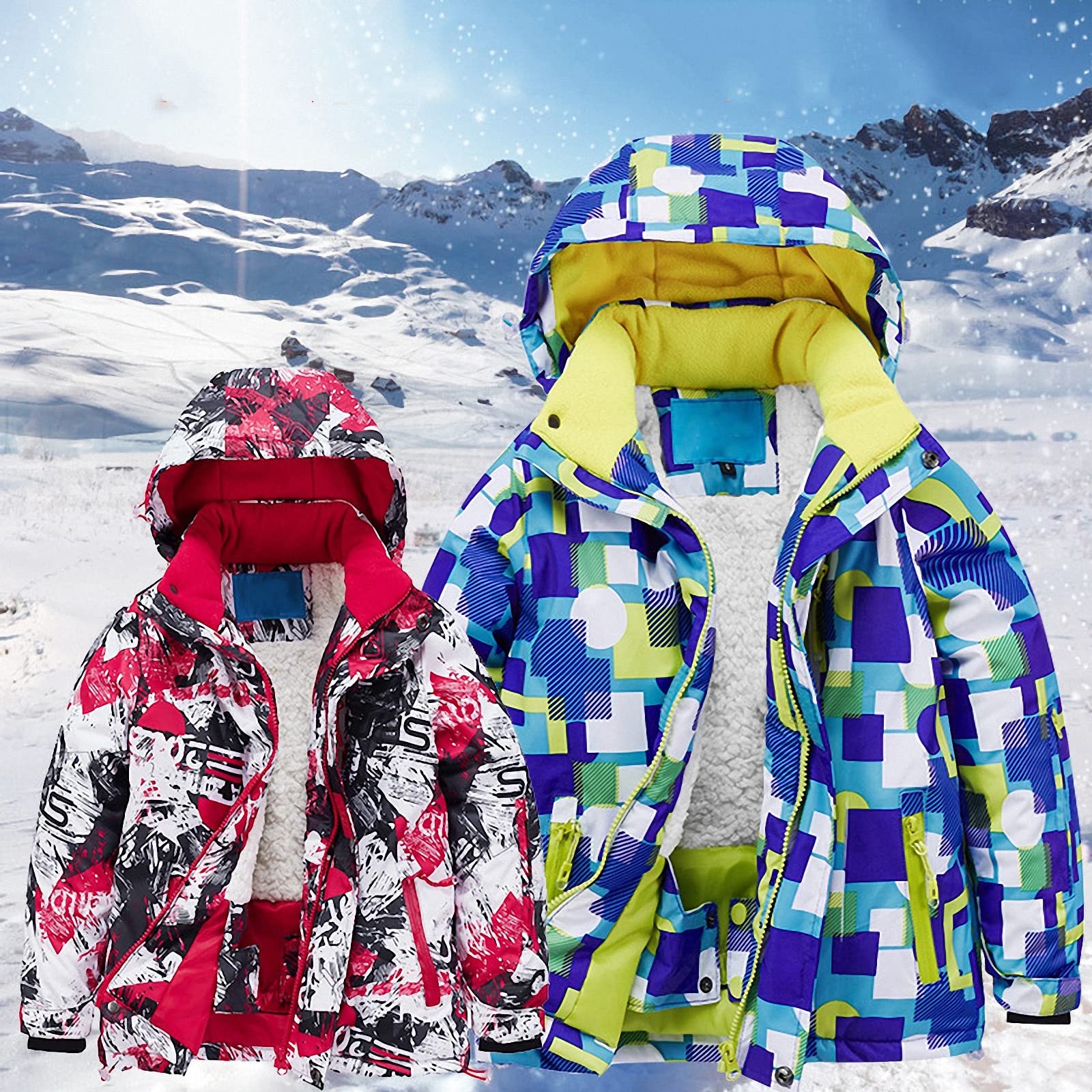 Skianzug Snowboard mit Kapuze+skioverallanzug,wasserfester und Warmer Kinder 2 teilig Skijacke Snowboarden für das Bergsteigen im freien,gefütterte Winterjacke aus Fleece,Red2,120