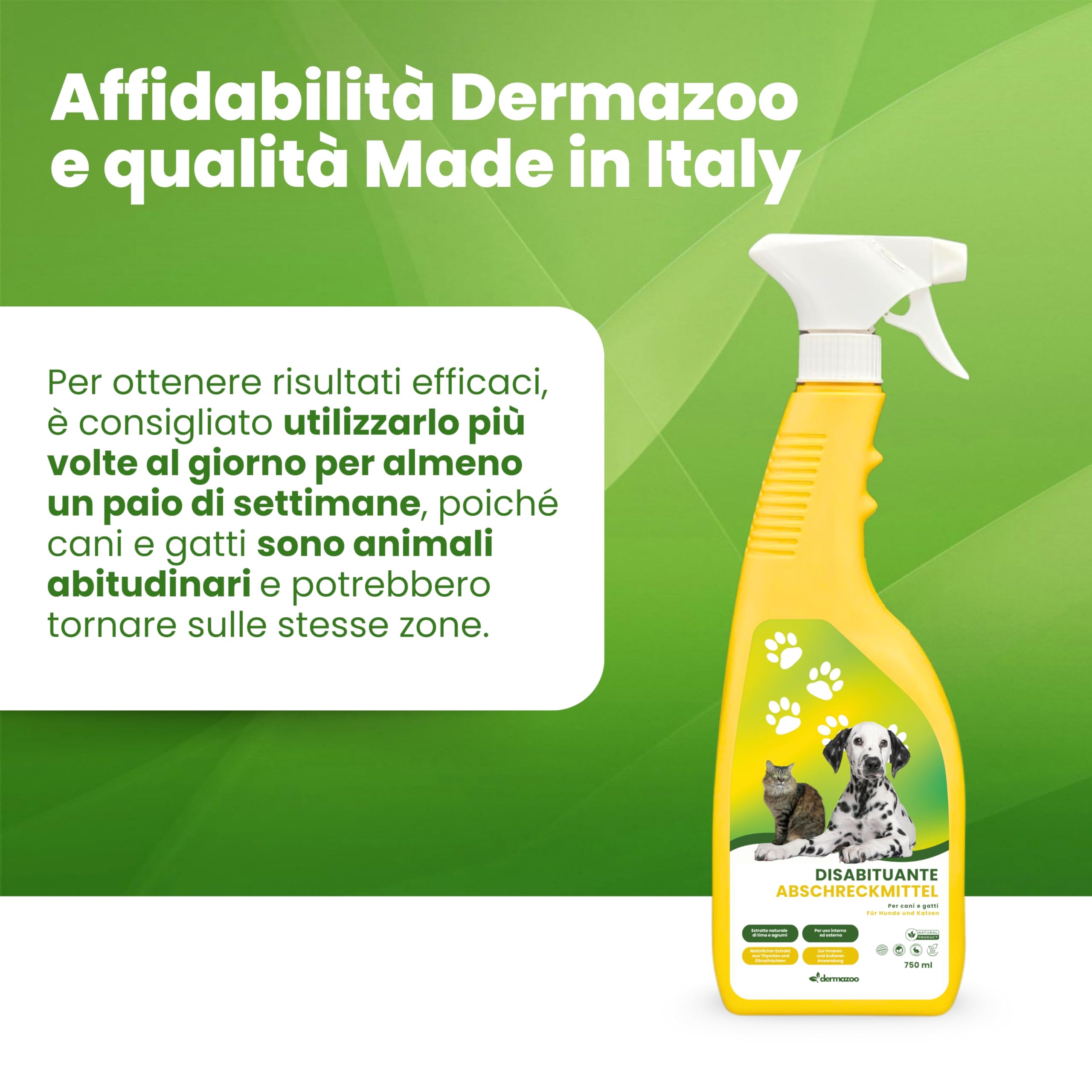 Dermazoo Spray Repellente per Gatti da Esterno e Interno 750ml, Disabituante Gatti, Disabituante per Cani, Spray Addestrativo Anti Pipi Cani, Casa e Giardino