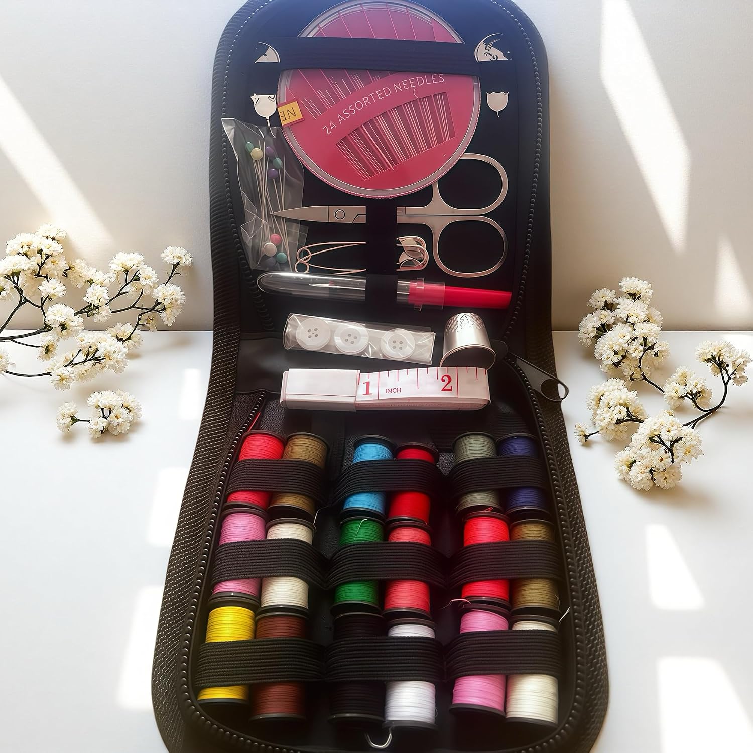 Sewing Kit with Case Black,Small Portable Contains Sewing Supplies and Accessories,Christmas Gifts for Mom,Beginner,Traveler,Emergency,Soft Tape Measure, Thread,Scissors,Sewing Needle etc