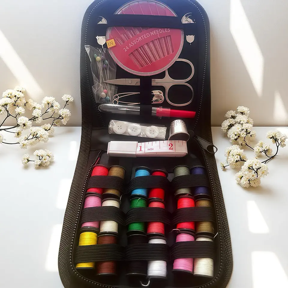 Kit de costura com estojo preto, pequeno portátil, contém suprimentos de costura e acessórios, presentes de Natal para mãe, iniciante, viajante, emergência, fita métrica macia, linha, tesoura, agulha