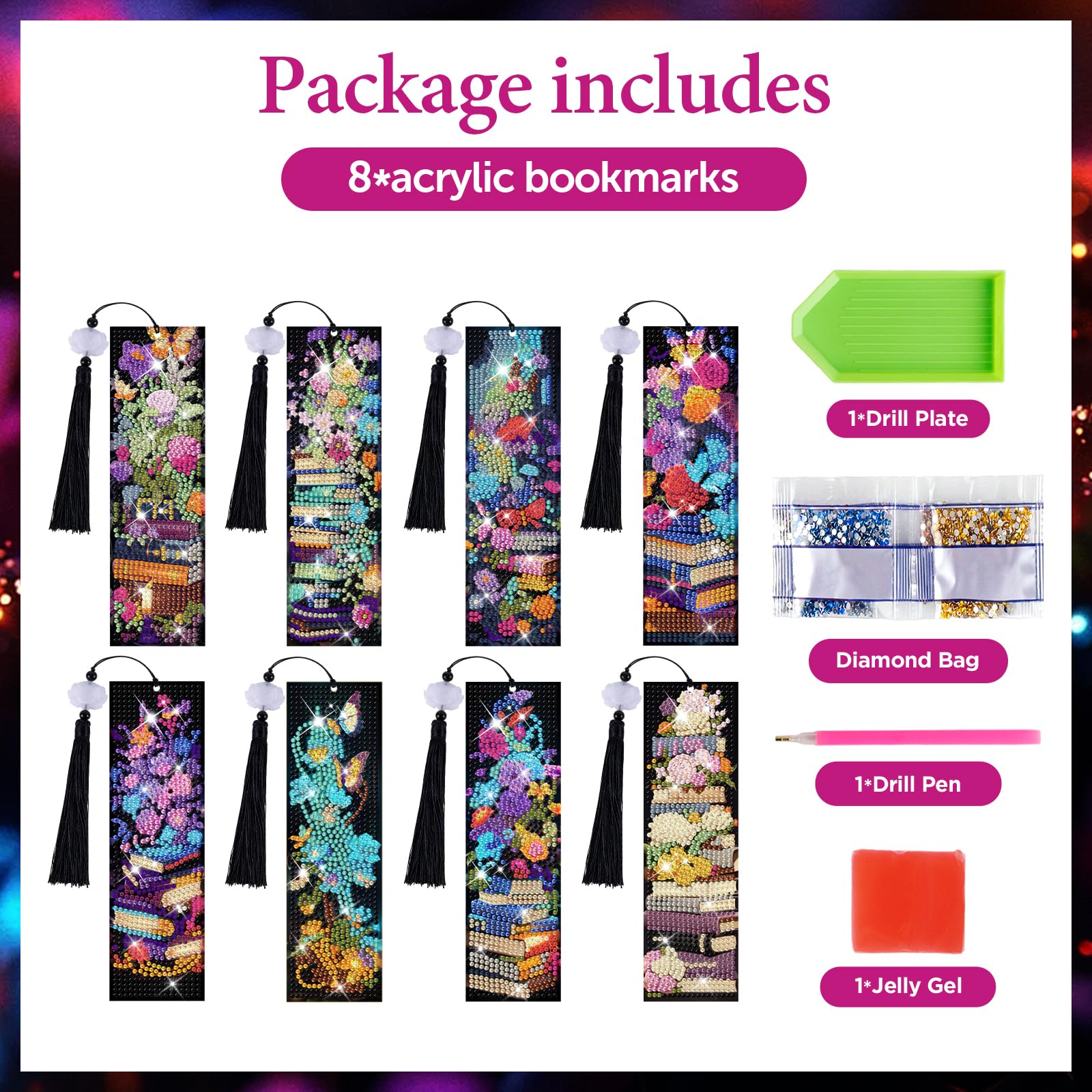 8-teiliges Lesezeichen-Set mit Blumenmuster, Diamant-Kunst-Lesezeichen-Set, 5D-Buchliebhaber, DIY, Perlen, Acryl-Lesezeichen mit Quasten, Blumen-Schmetterling-Diamant-Kunst-Bastelset für Erwachsene
