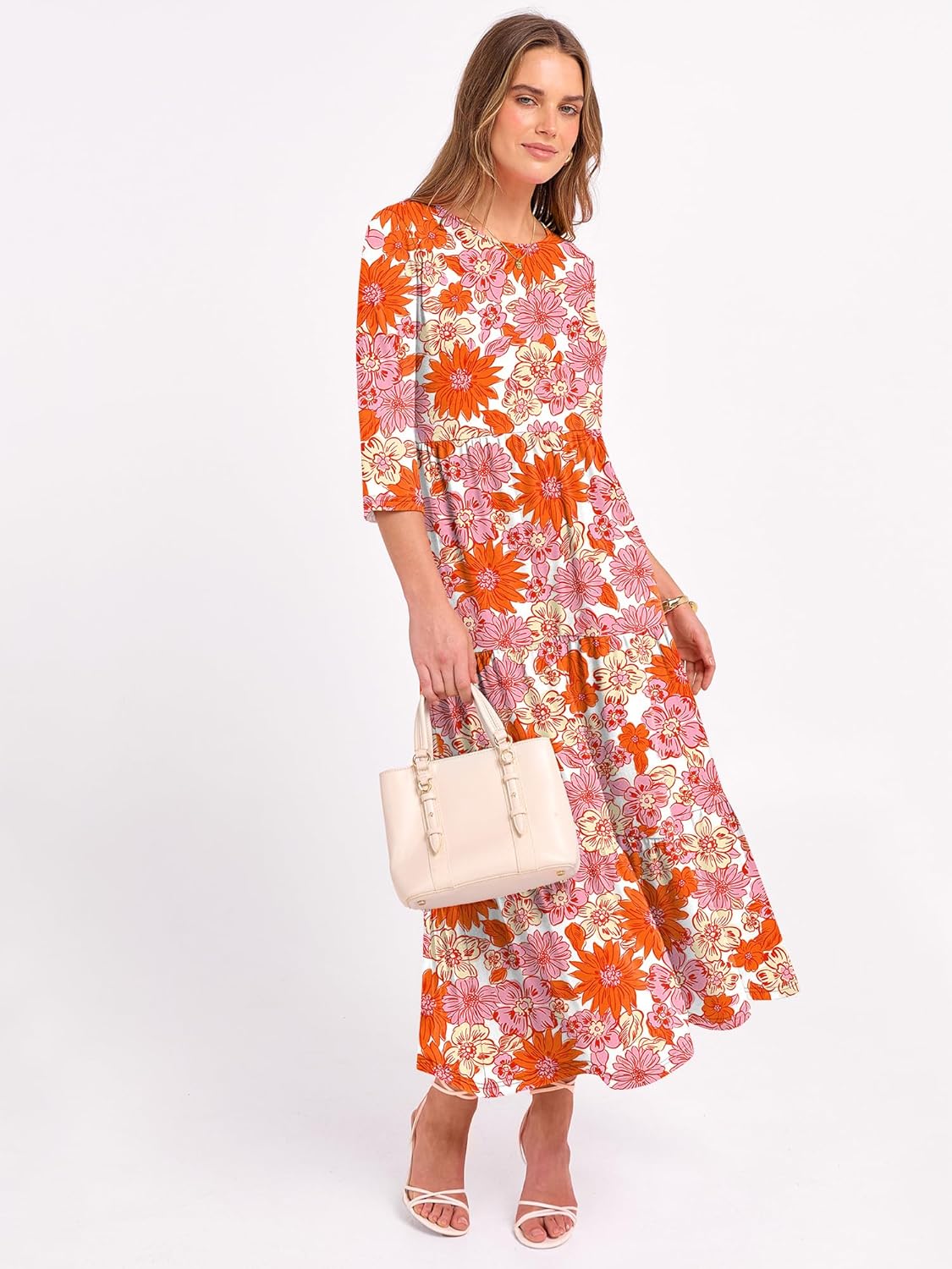 Prinbara Womens 3/4 Sleeve Casual Maxi Floral Dresses 2026 Spring Crewneck A-line Tiered Flowy Summer Boho T Shirt Long Dress - Image 4