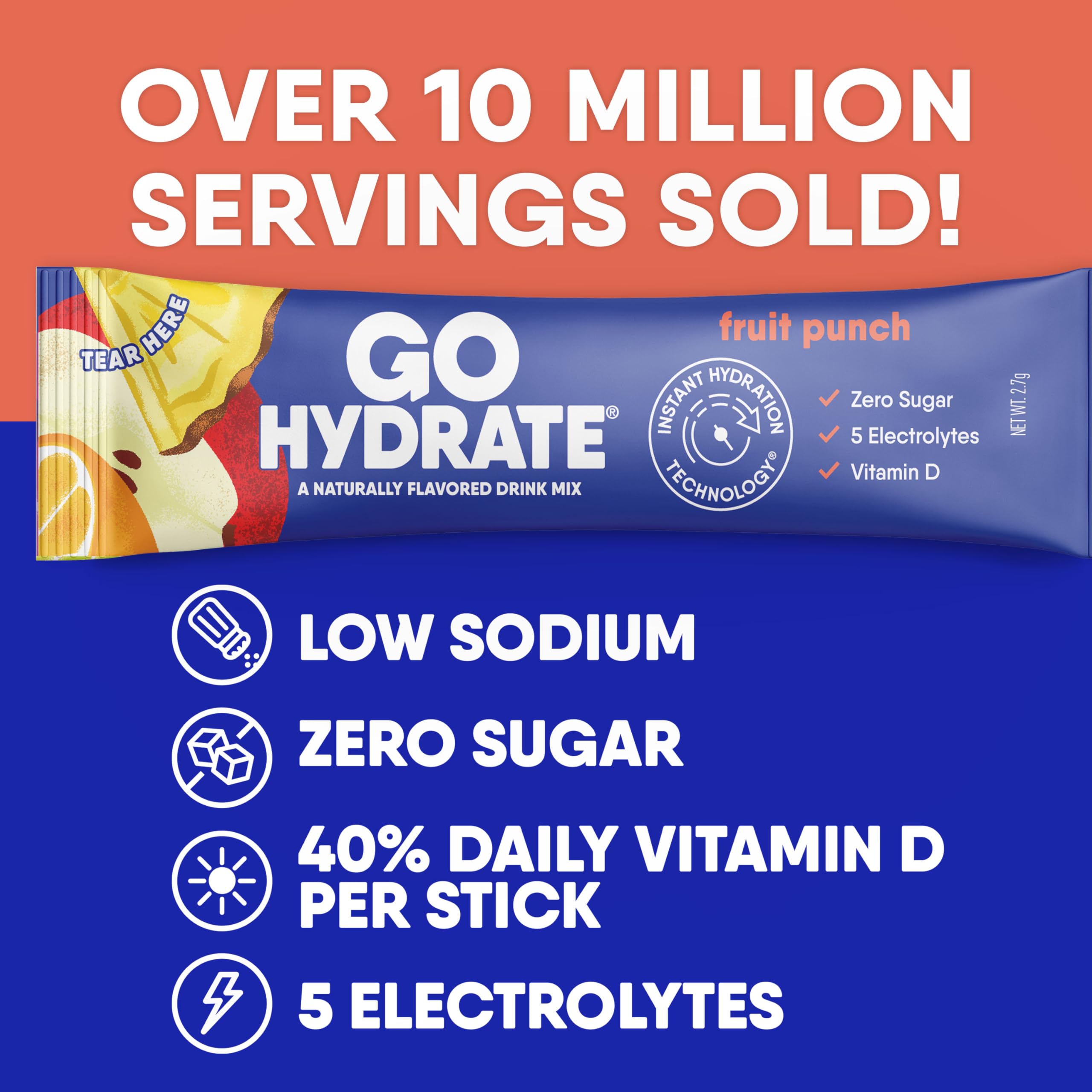 GoHydrate Instant Hydration Powder Packets - Low Sodium Electrolytes Drink Mix - Natural Hydration Support, Sugar Free Electrolyte Flavored Powder Drink with Vitamin D, 30 Packs, Fruit Punch — Amazon image 6