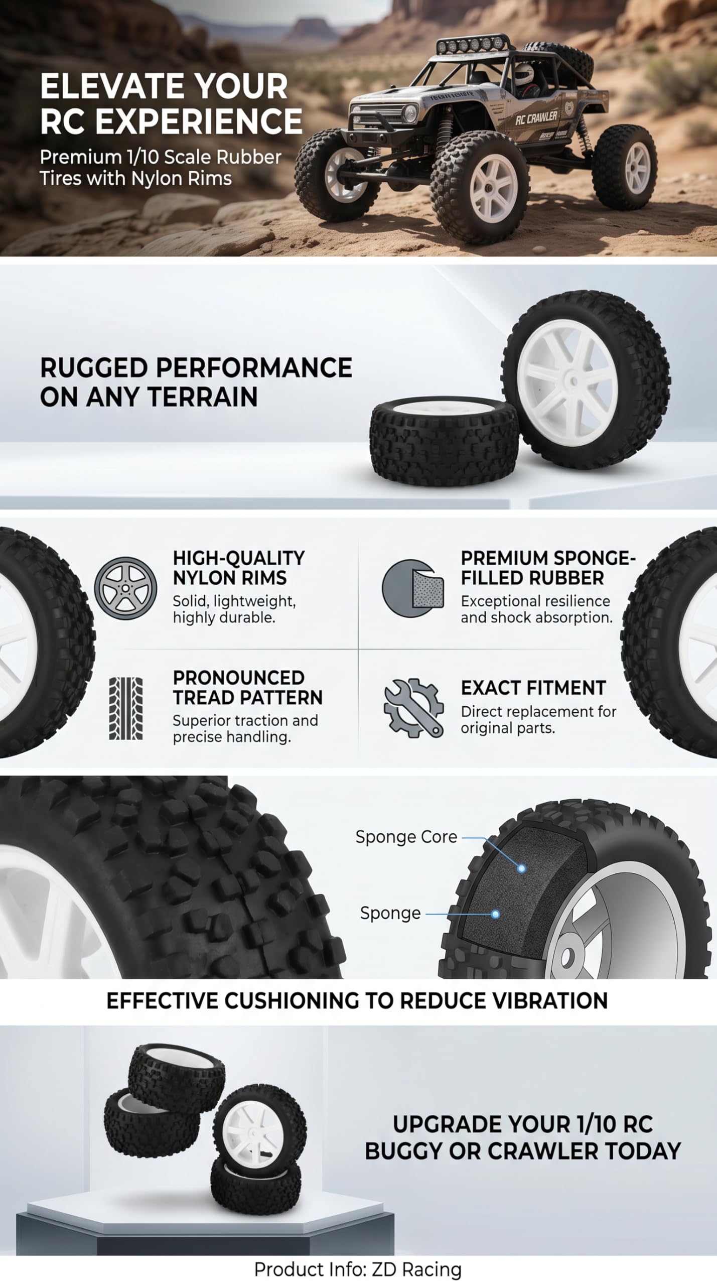 VGEBY1 4pcs RC Racing Tyre, Ruedas 1/10 RC Neumático de Coche Rubber Tire Wheel para ZD Racing LRP Traxxas Buggy Car Model Car Accessories Accesorios De Modelos