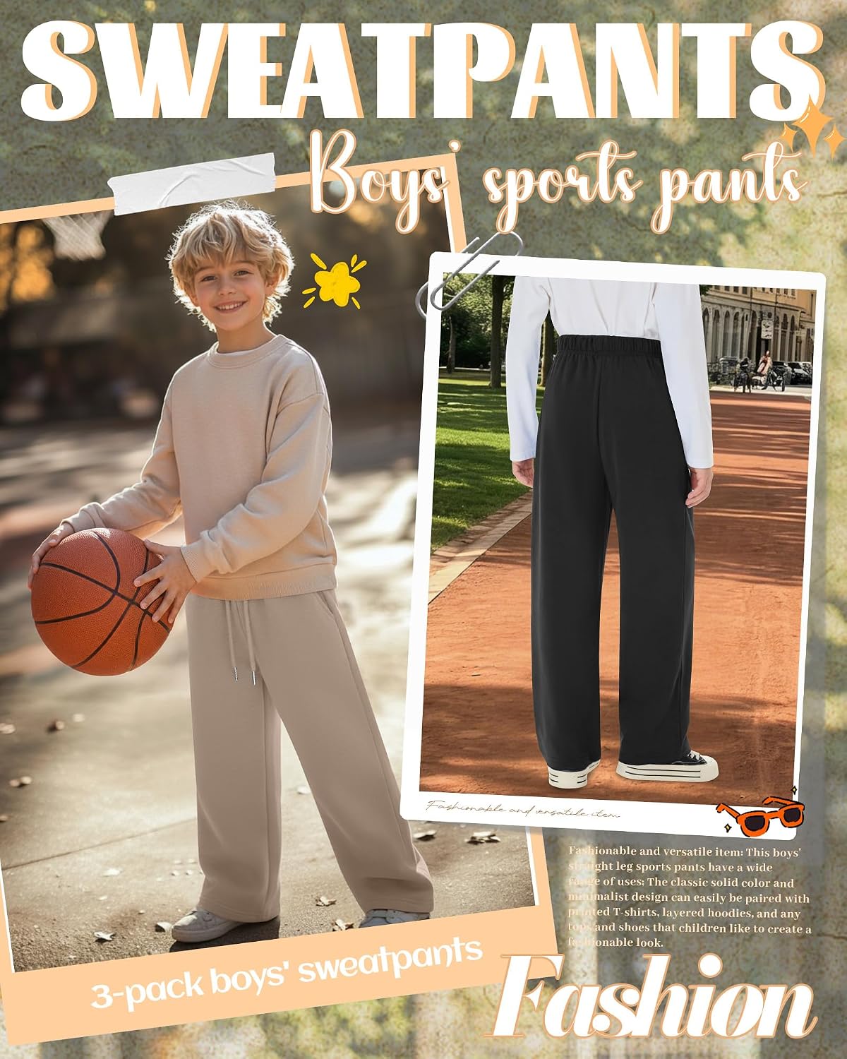 3 Pack Boys Sweatpants Teen Straight Leg Athletic Drawstring Joggers Casual Kids Open Bottom Pants with Pockets