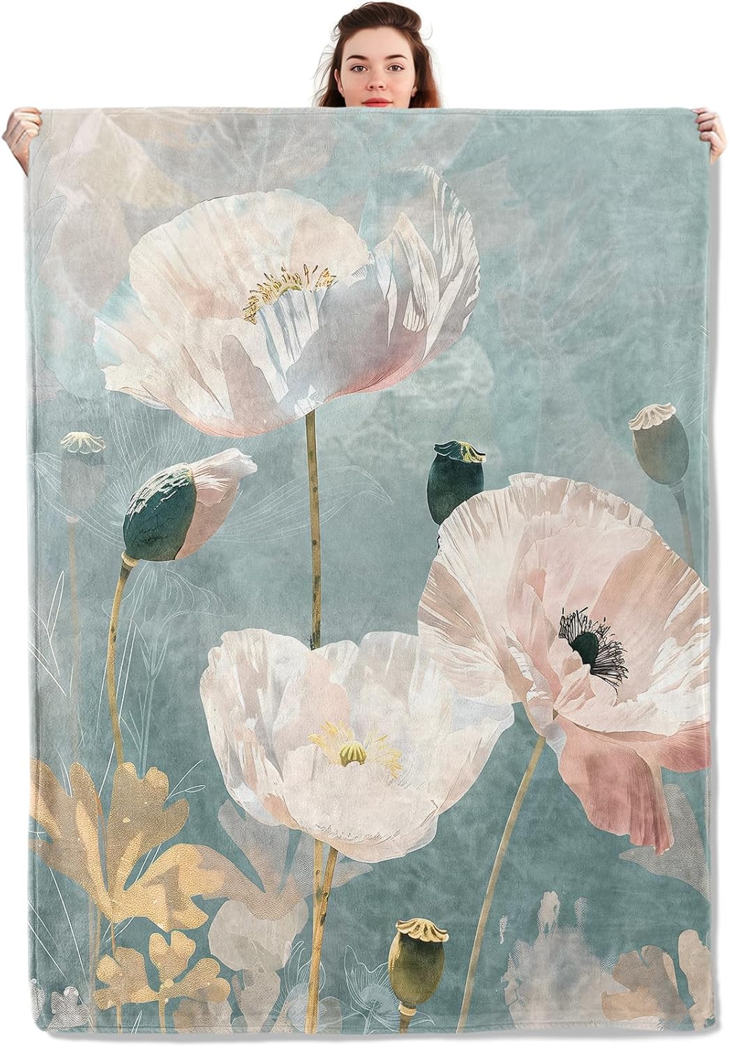 Elegant Pastel Floral Blanket Lightweight Blankets Gifts for Women Flannel Throw with White and Pink Flower Printed for Sofa, Bed, Travel, Picnic, Camping, Office, Decor Throws 60x50 Inch