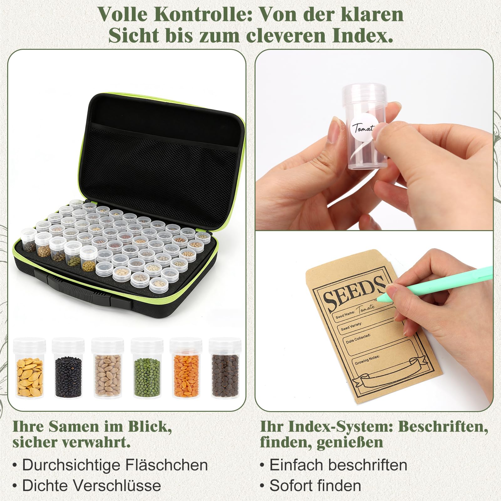 60 Fächer Saatgut Aufbewahrungsbox, Samen Aufbewahrung mit Samenumschlägen, Etiketten Aufklebern, Trichter | Saatgut Box für Gemüsesamen, Chili Samen | Garten Zubehör & Geschenk für Gartenliebhaber