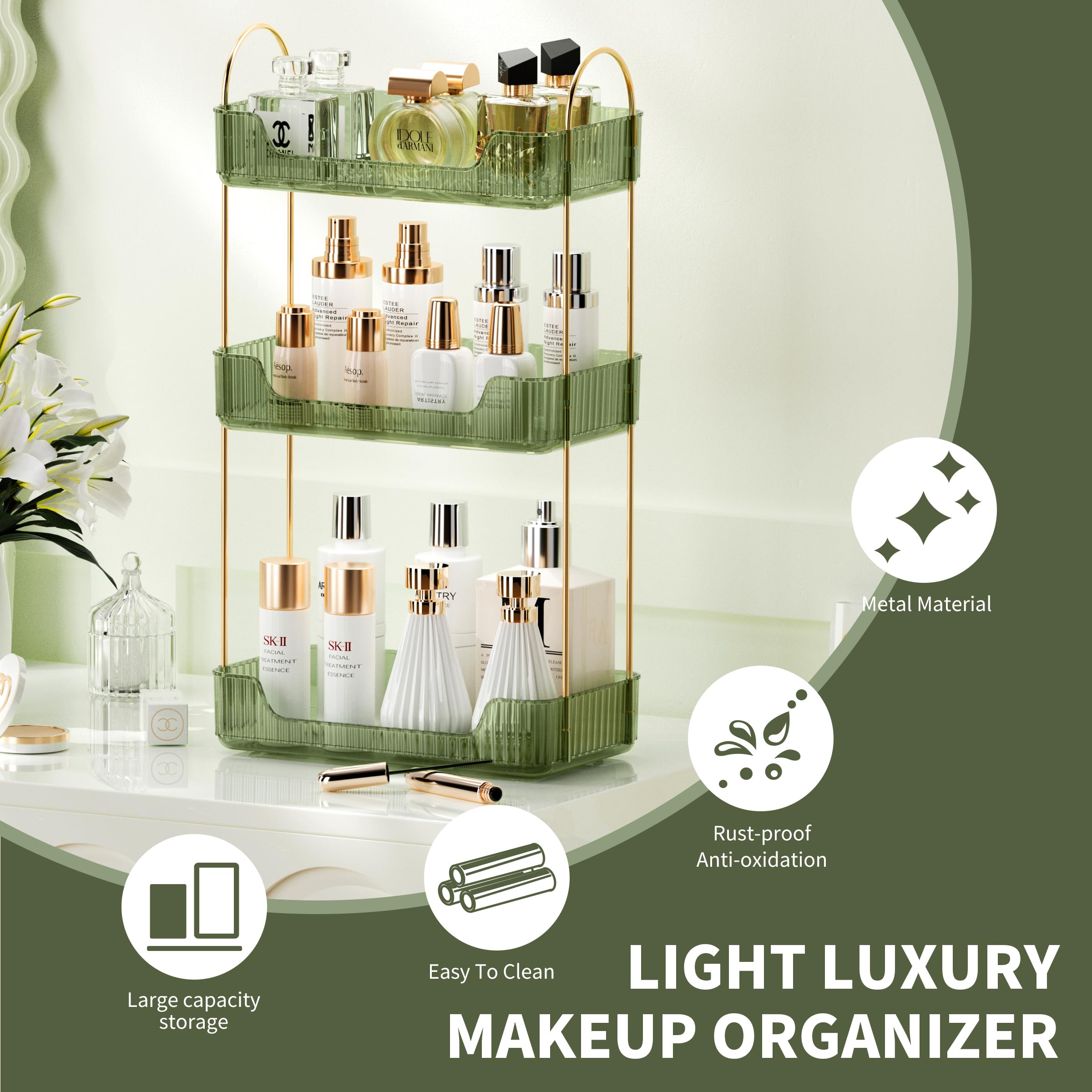 akinbas Badezimmer-Organizer mit 3 Ebenen, für die Arbeitsplatte, Make-up, Parfüm, Hautpflege-Organizer für Badezimmer, Kommode, Schminktisch (grün)