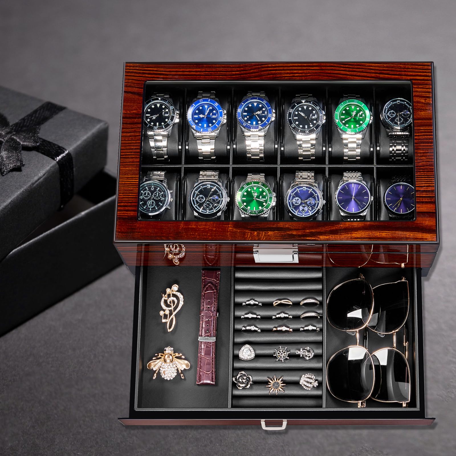 BEWISHOME Caja para 12 relojes de lujo con tapa de cristal y bisagra de metal, marrón