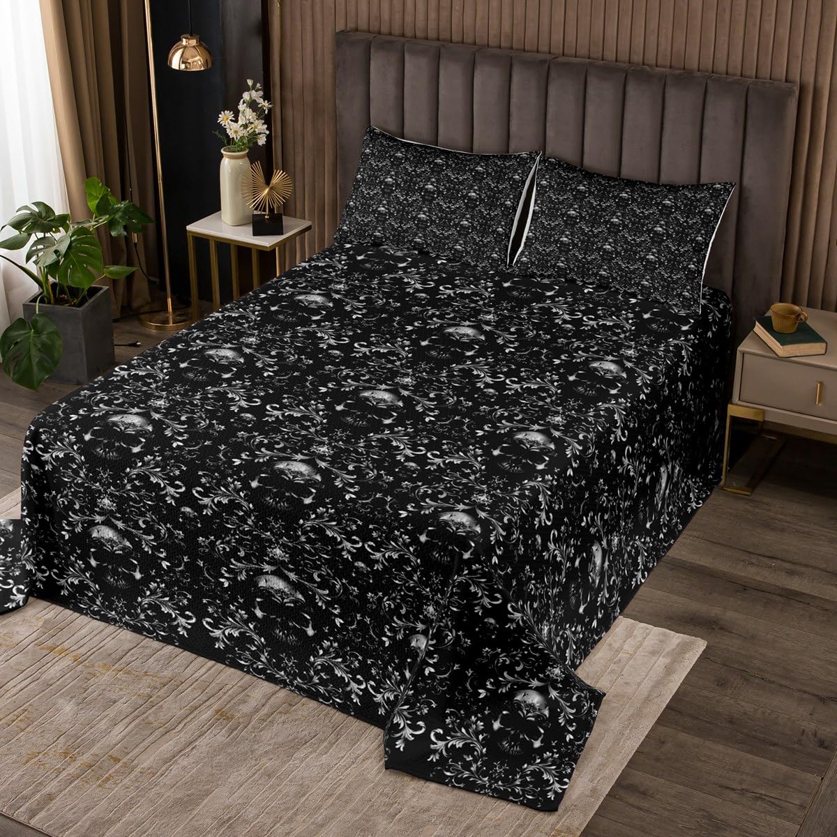 jejeloiu Damask Skull Bedspread Twin Size Kids Black White Damask Coverlet Set for Boys Girls Teens Gothic Vintage Floral Quilted Coverlet Breathable Antique Victorian Baroque Bedroom Decor