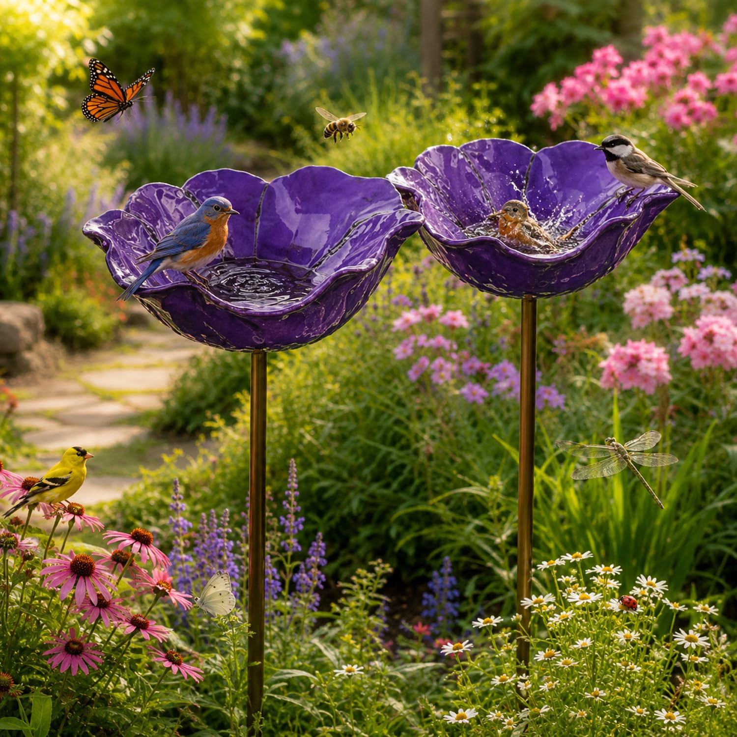 Flower Bird Bath for Outdoors, Freestanding Metal Birdbath with Shallow Basin, Handcrafted Garden Waterer for Birds Bees Butterflies, Anti Rust Anti Fade, 60cm Height 15cm Diameter (Purple 2-pack)