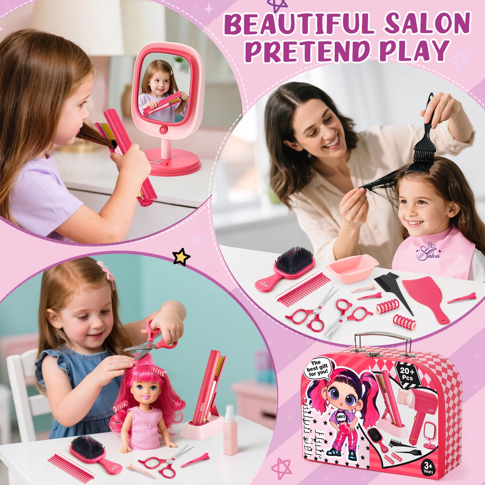 Toylink Friseur Set Kinder Mädchen Spielzeug mit Kinderfön, Haarglätter, Spiegel, Schere, Schürze und Frisierkoffer, Rollenspiel Spielzeug für Mädchen 3 4 5 6 7 8 Jahre