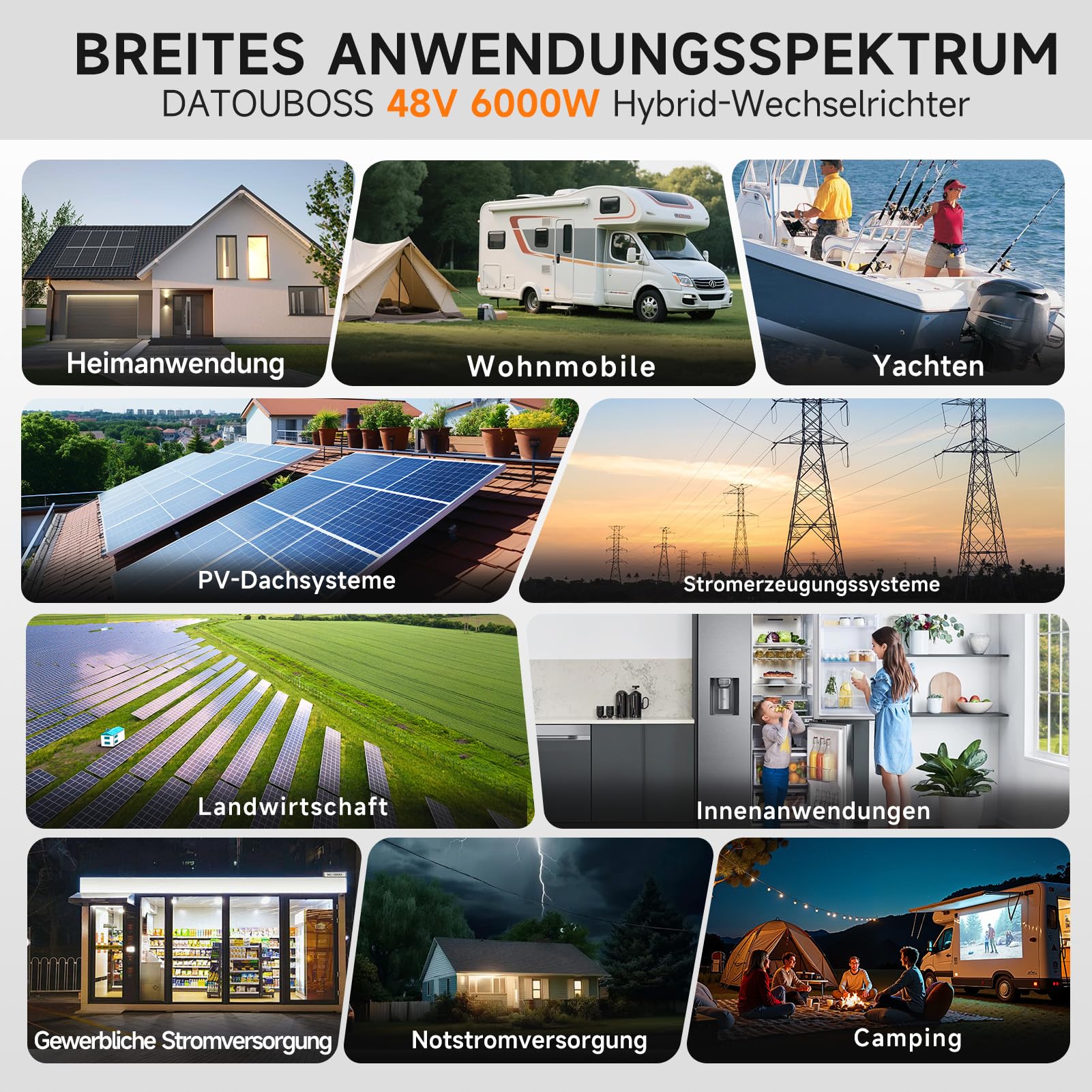 DATOUBOSS 6000W Hybrid Solar Wechselrichter 48V, Reiner Sinus, integrierter 120A MPPT, Blitz- und Wasserschutz, batterieloser Start, für Off-Grid Solarstrom (48V 6000W)