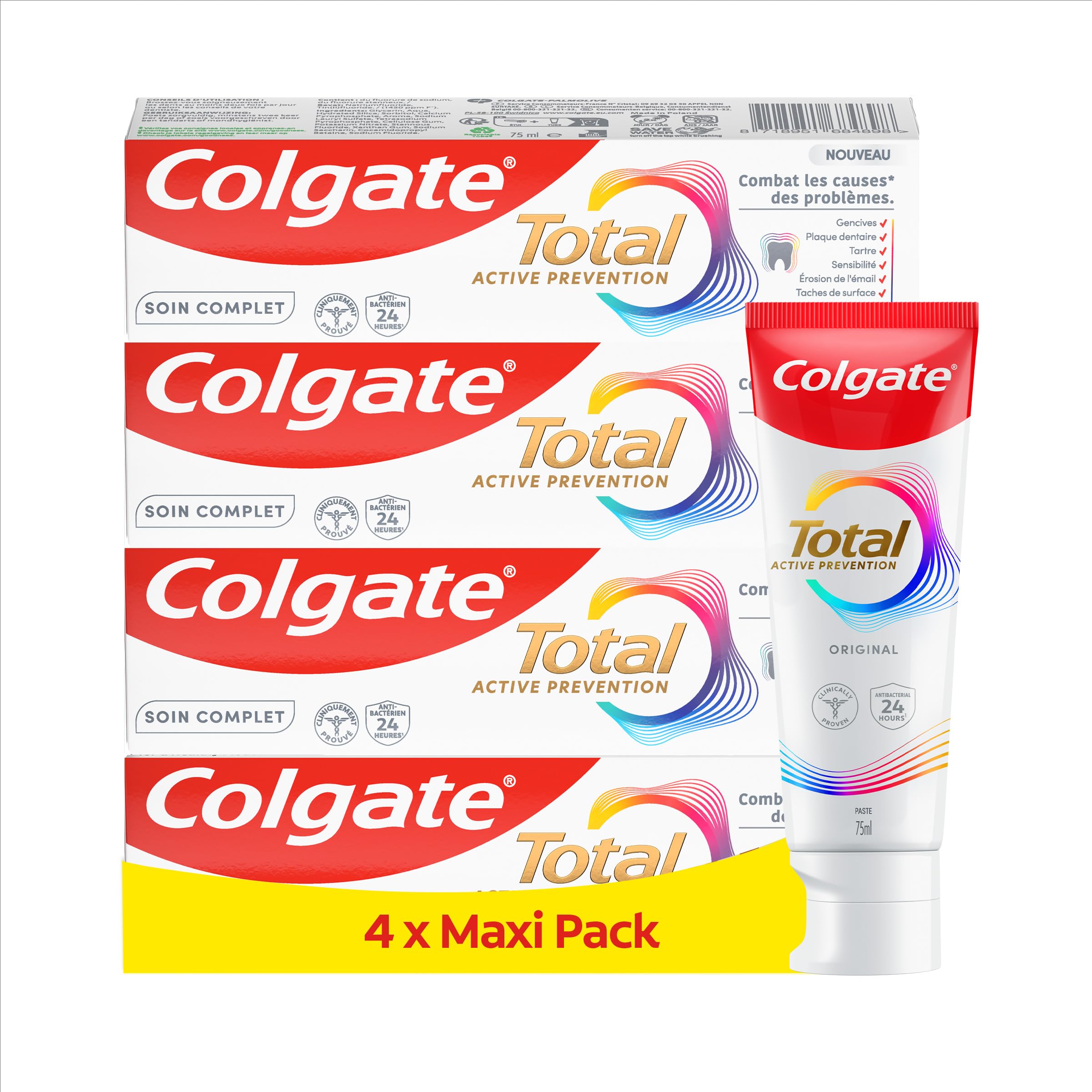 Colgate Dentifricio Total Original Antibatterico, Protezione 24h, 4x100ml
