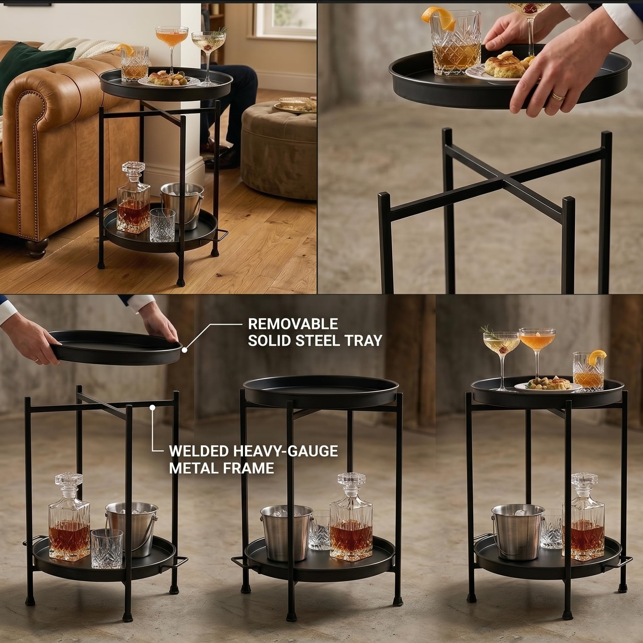 CAR-O-BAR Multipurpose Folding Bar Stool with Detatchable Serving Trays | Side Table with 2 Black Trays for Bar, Coffee, Home and Office | Multipurpose Retro Bar Corner for Home 1