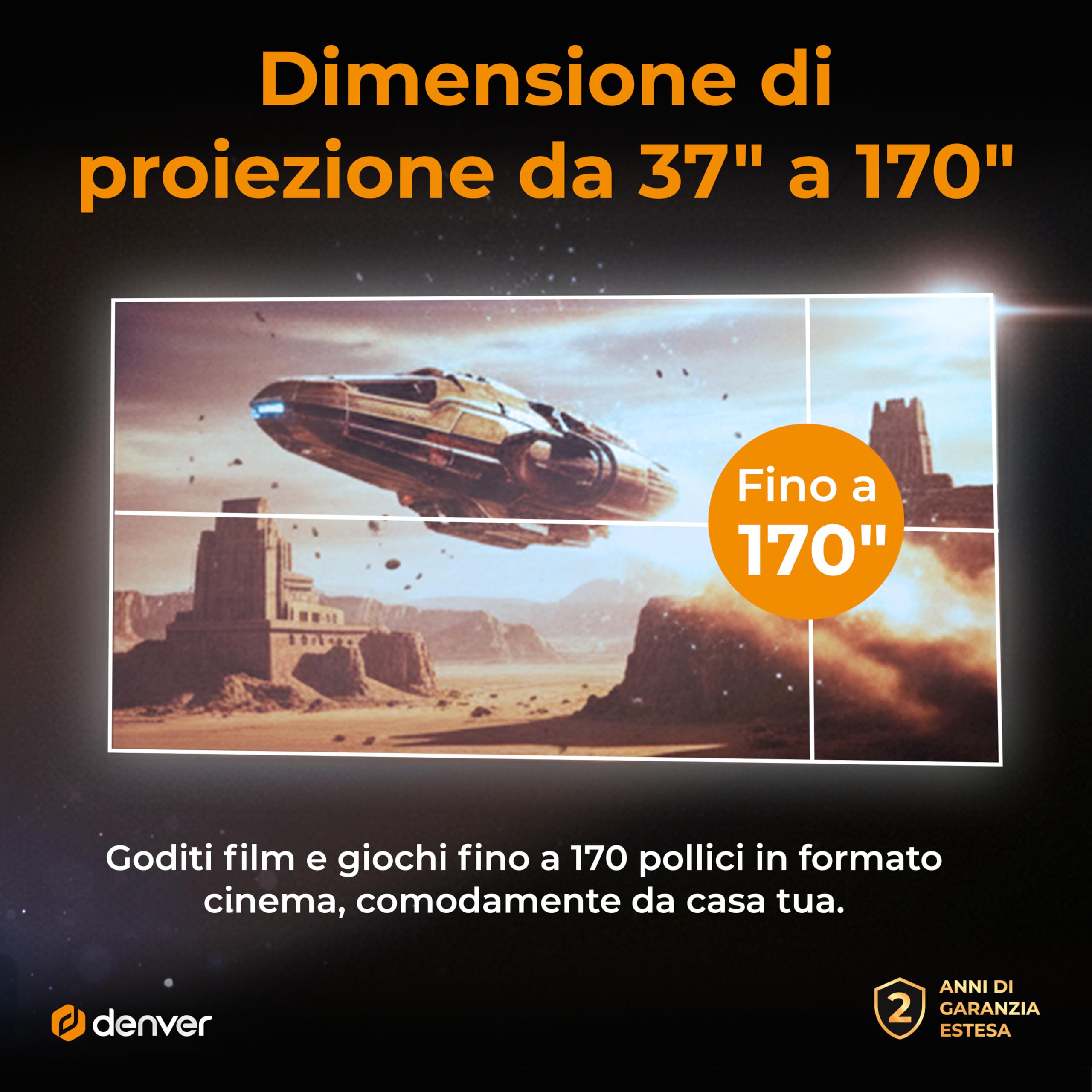 Denver PR-2500 Proiettore LED Portatile - Supporto Full HD 1080p, 2500 Lumen, HDMI/USB/VGA/AV, Altoparlante Integrato, Telecomando - Mini Proiettore per Home Cinema, Film e Gaming